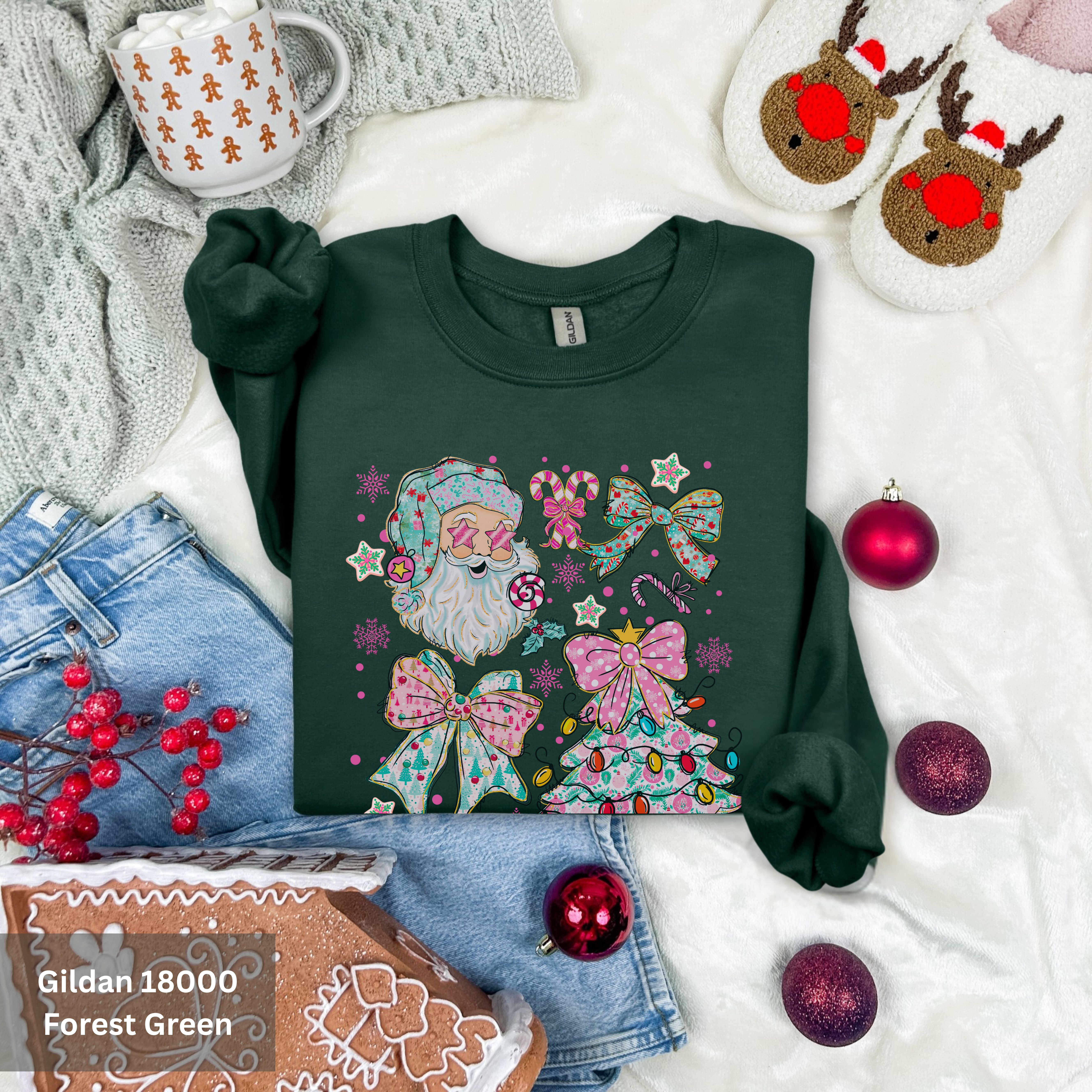 Trendy Christmas Sweatshirt, Christmas Tree, Bow and Santa Design, Cozy Holiday Design Crewneck, Holiday Gift for Her product thumbnail image Trendy Christmas Sweatshirt, Christmas Tree, Bow and Santa Design, Cozy Holiday Design Crewneck, Holiday Gift for Her product thumbnail image