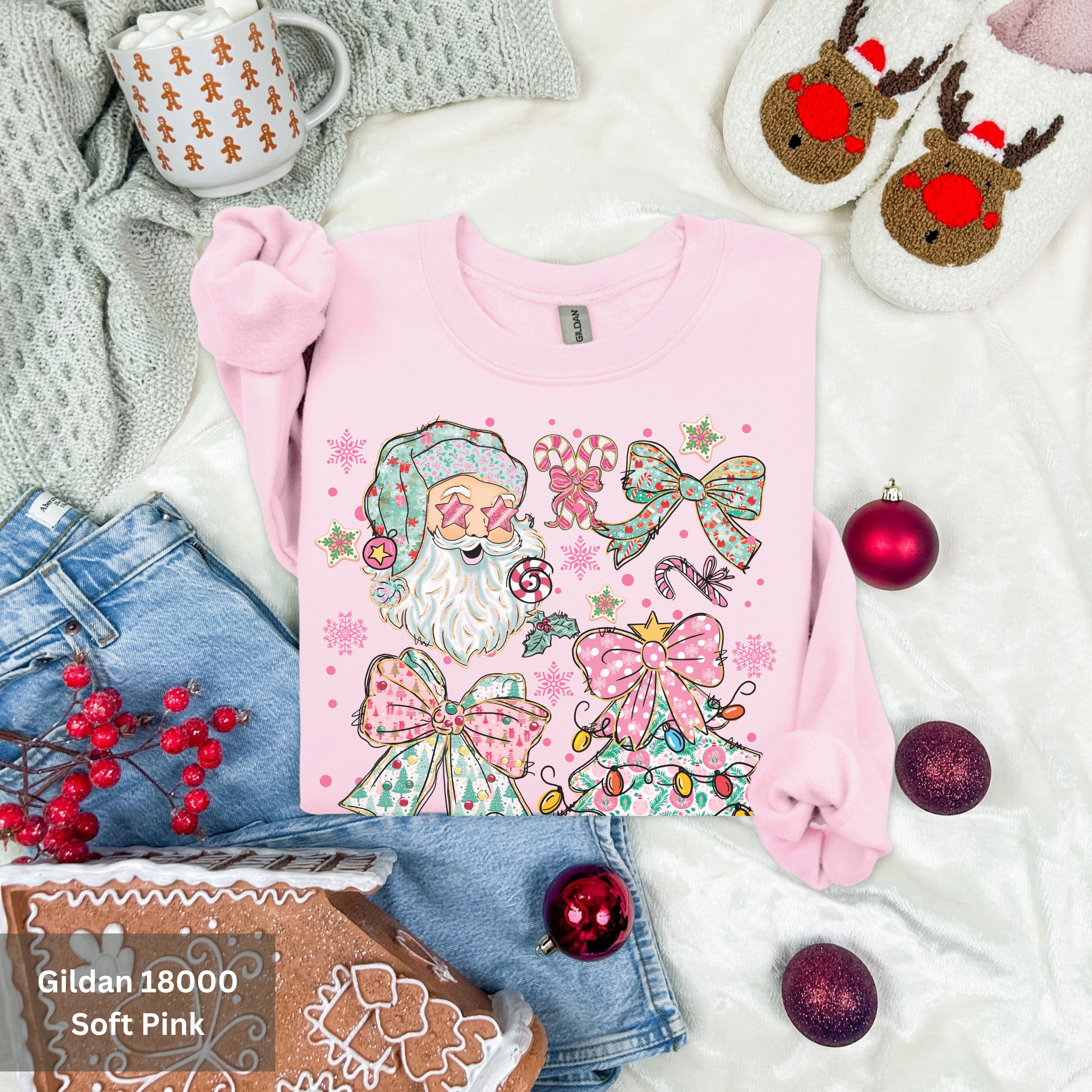 Trendy Christmas Sweatshirt, Christmas Tree, Bow and Santa Design, Cozy Holiday Design Crewneck, Holiday Gift for Her product thumbnail image Trendy Christmas Sweatshirt, Christmas Tree, Bow and Santa Design, Cozy Holiday Design Crewneck, Holiday Gift for Her product thumbnail image