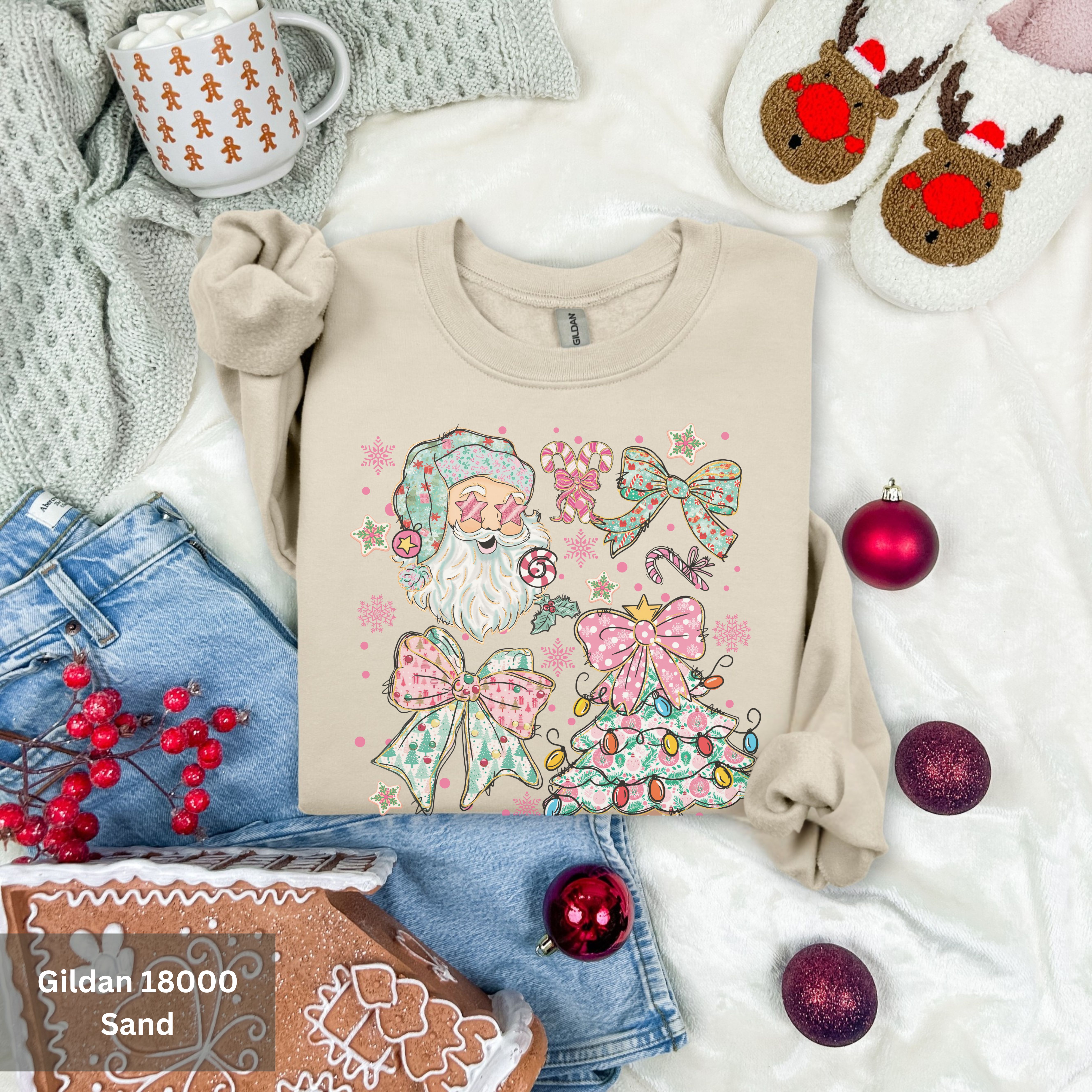 Trendy Christmas Sweatshirt, Christmas Tree, Bow and Santa Design, Cozy Holiday Design Crewneck, Holiday Gift for Her product thumbnail image Trendy Christmas Sweatshirt, Christmas Tree, Bow and Santa Design, Cozy Holiday Design Crewneck, Holiday Gift for Her product thumbnail image