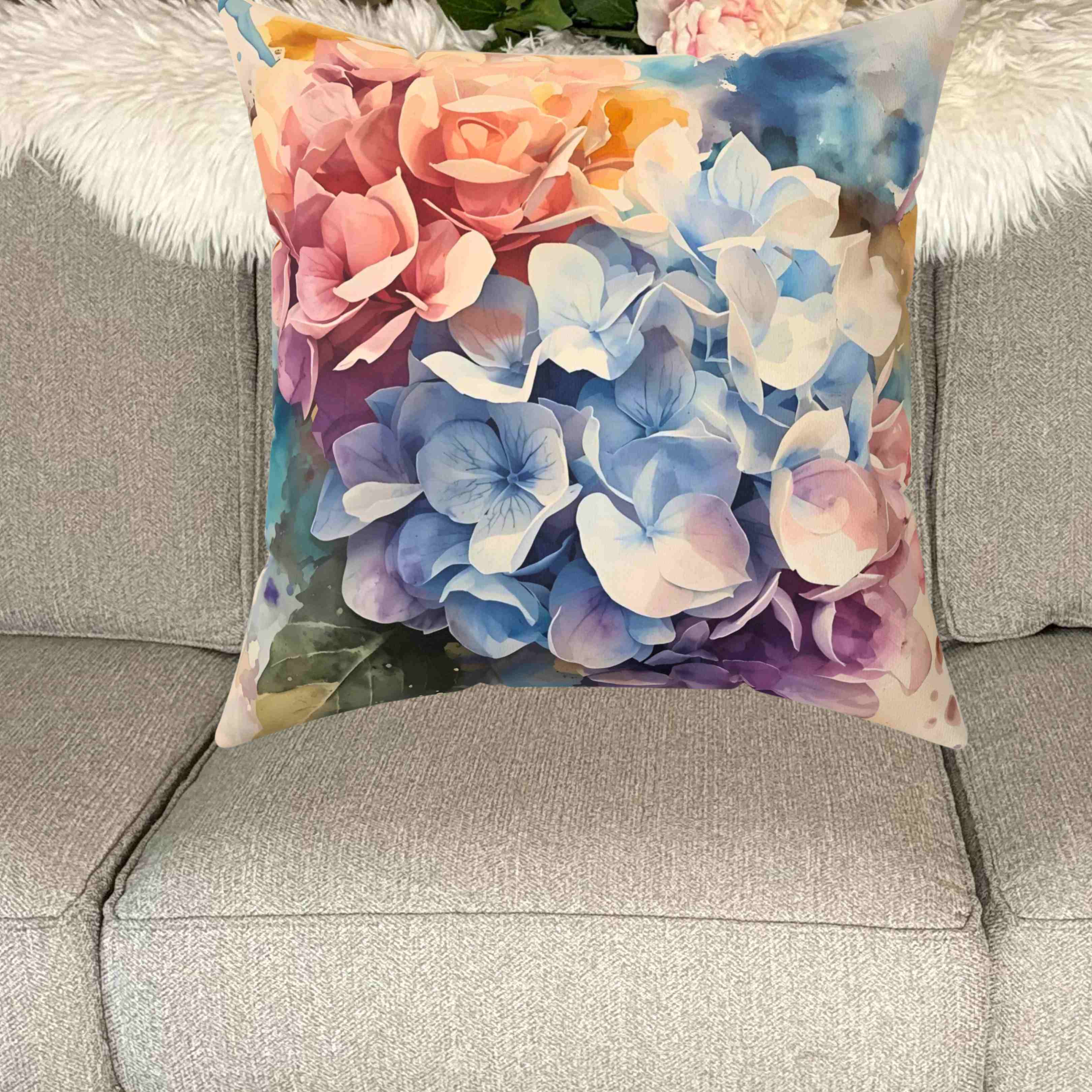 Hydrangea Accent Pillow, Decorative Cushion for Home, Gift for Her, Cozy Living Room Decor, Soft Square Pillow, Mother's Day Gift product thumbnail image