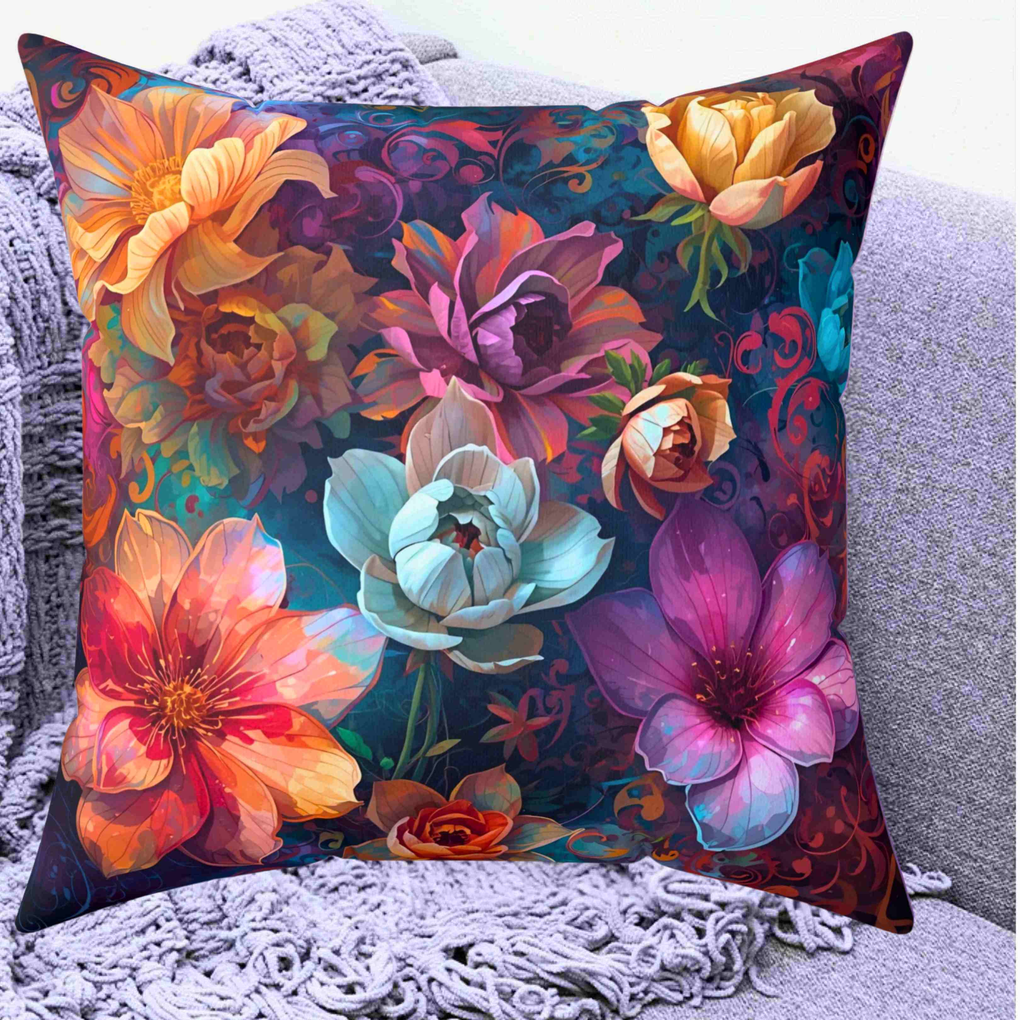 Flower Party Throw Pillow, Decorative Cushion, Home Decor Accessory, Bohemian Style, Gift for Garden Lovers, Cozy Living Room product thumbnail image