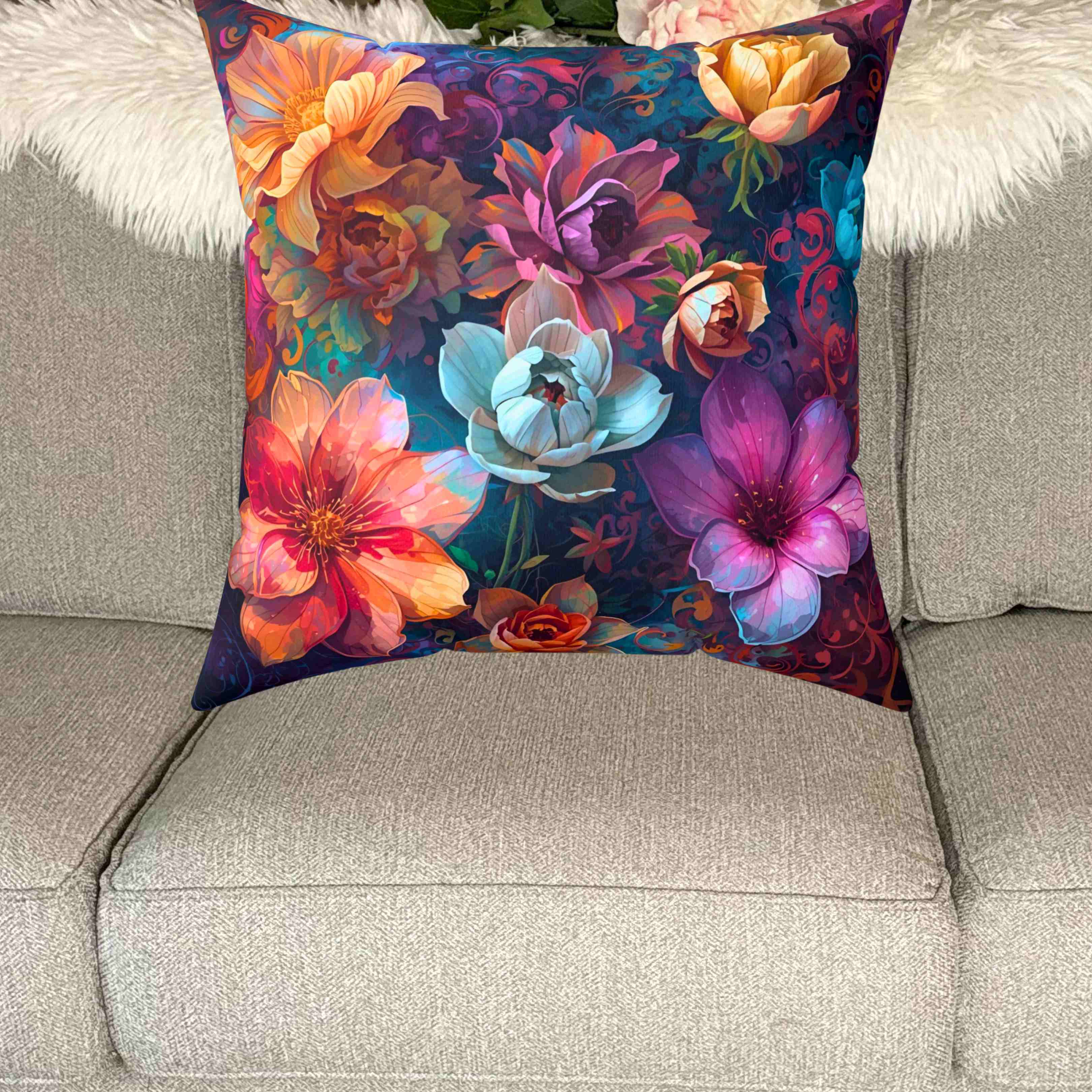 Flower Party Throw Pillow, Decorative Cushion, Home Decor Accessory, Bohemian Style, Gift for Garden Lovers, Cozy Living Room product thumbnail image