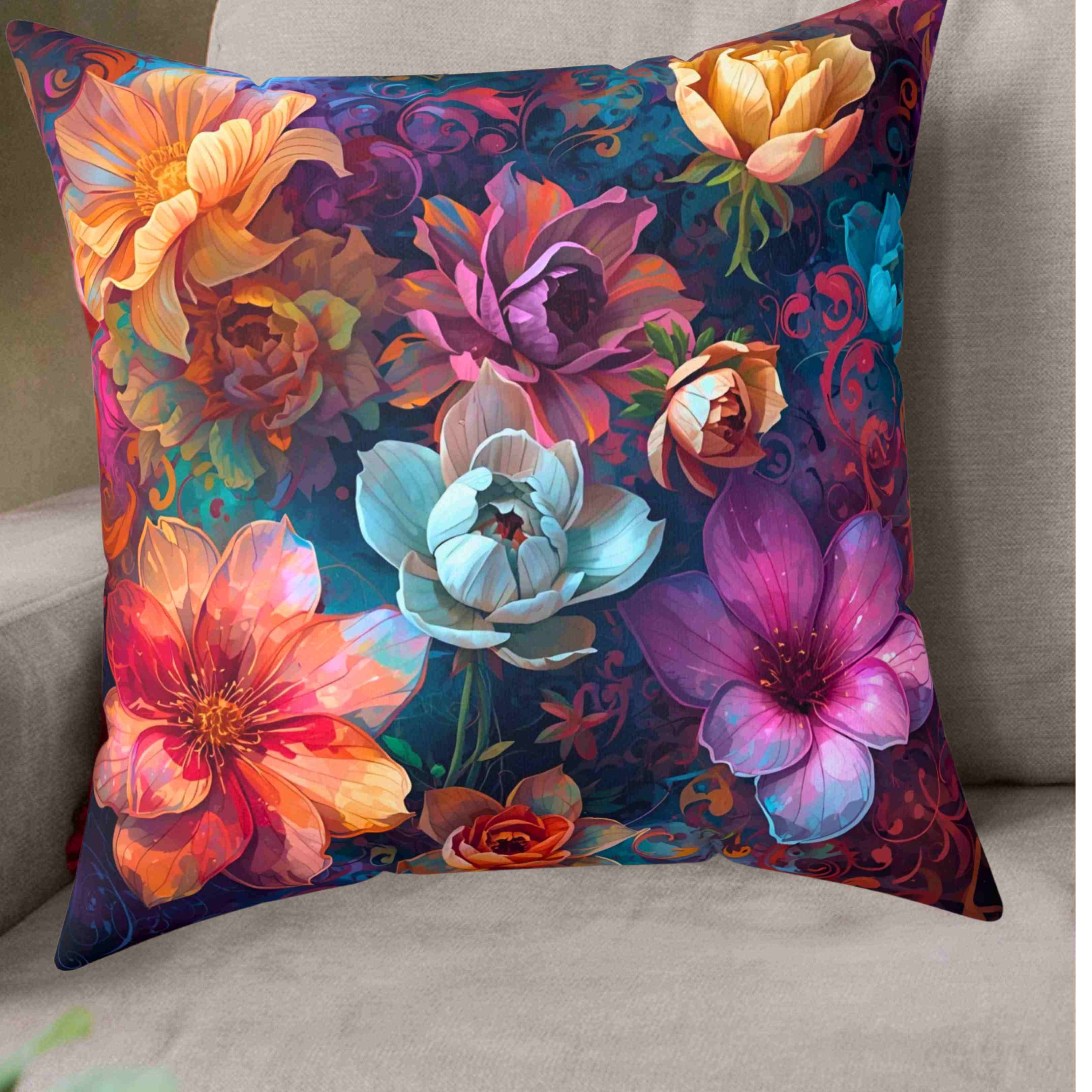 Flower Party Throw Pillow, Decorative Cushion, Home Decor Accessory, Bohemian Style, Gift for Garden Lovers, Cozy Living Room product thumbnail image