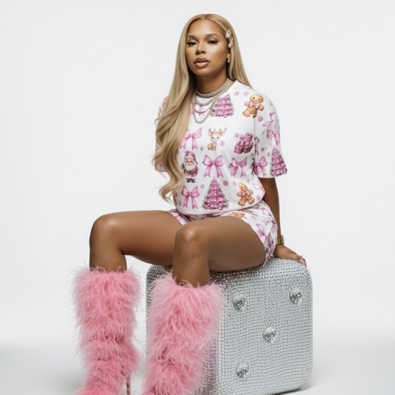 Pink Gingerbread Bow  Women's Short Pajama Set (AOP)