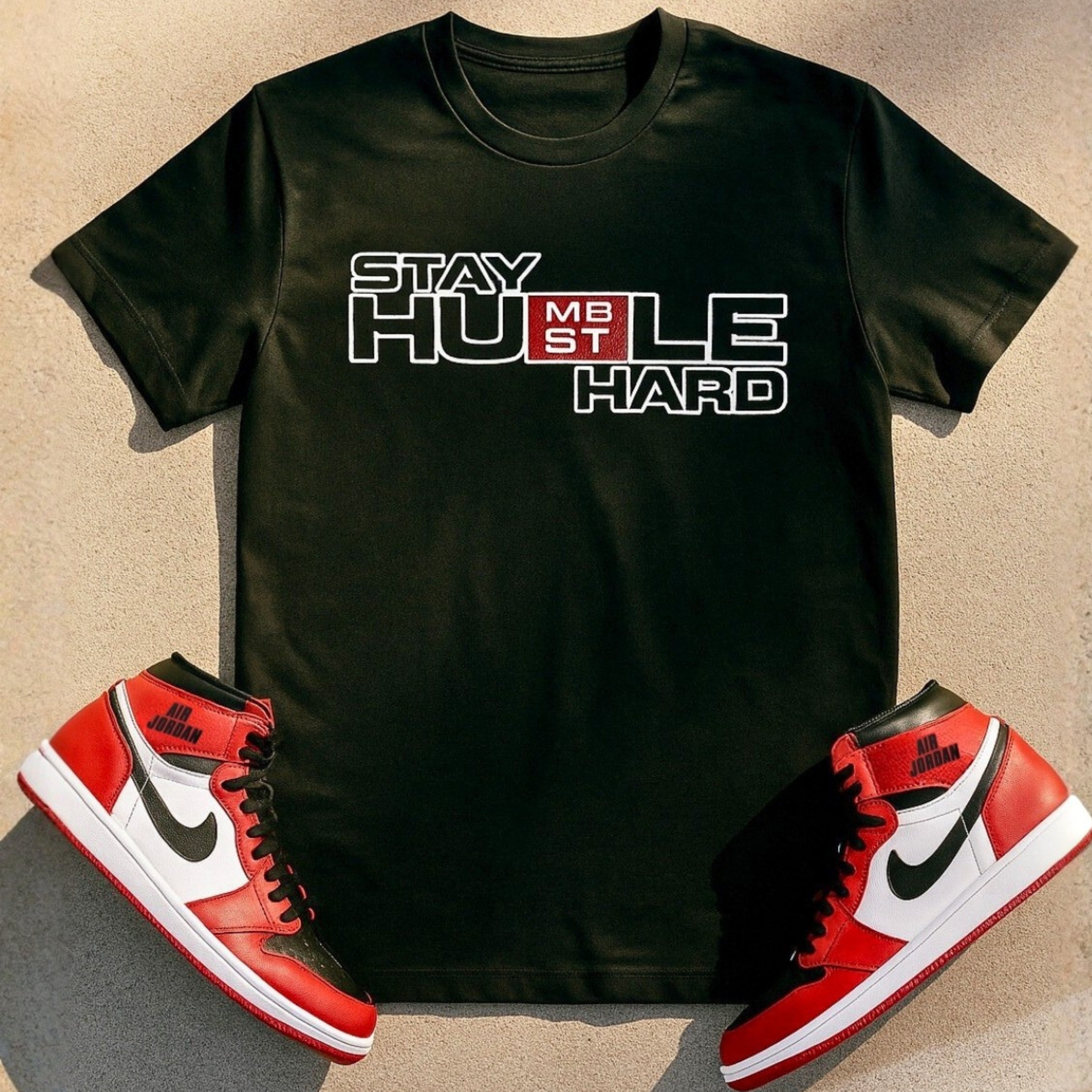 Unisex "Stay Humble Hustle Hard" Black/Gym Red/White/ Staple Tee.  product thumbnail image