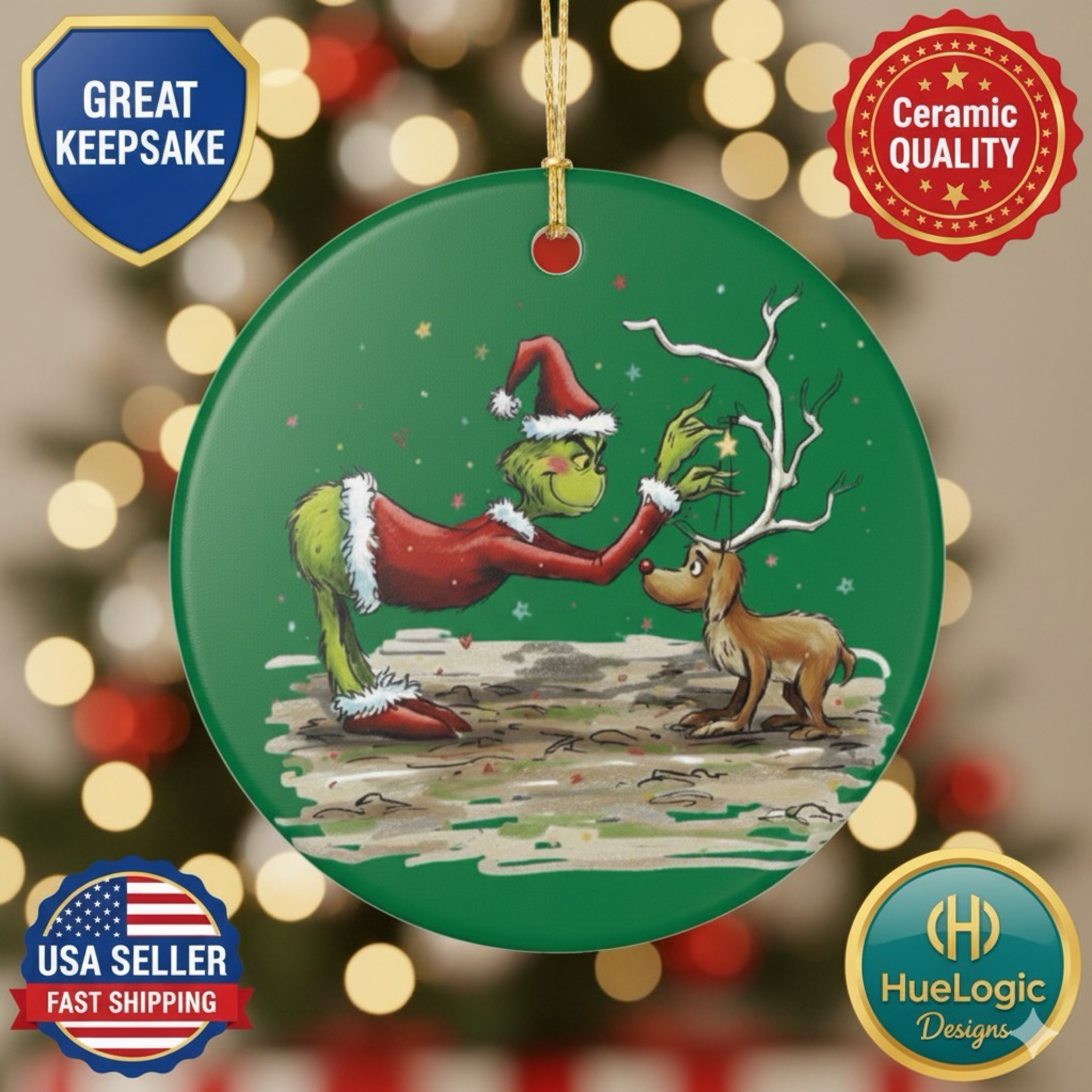 Grinch &amp; Max the Dog Ceramic Christmas Ornament Holiday Decor Whimsical Xmas 
