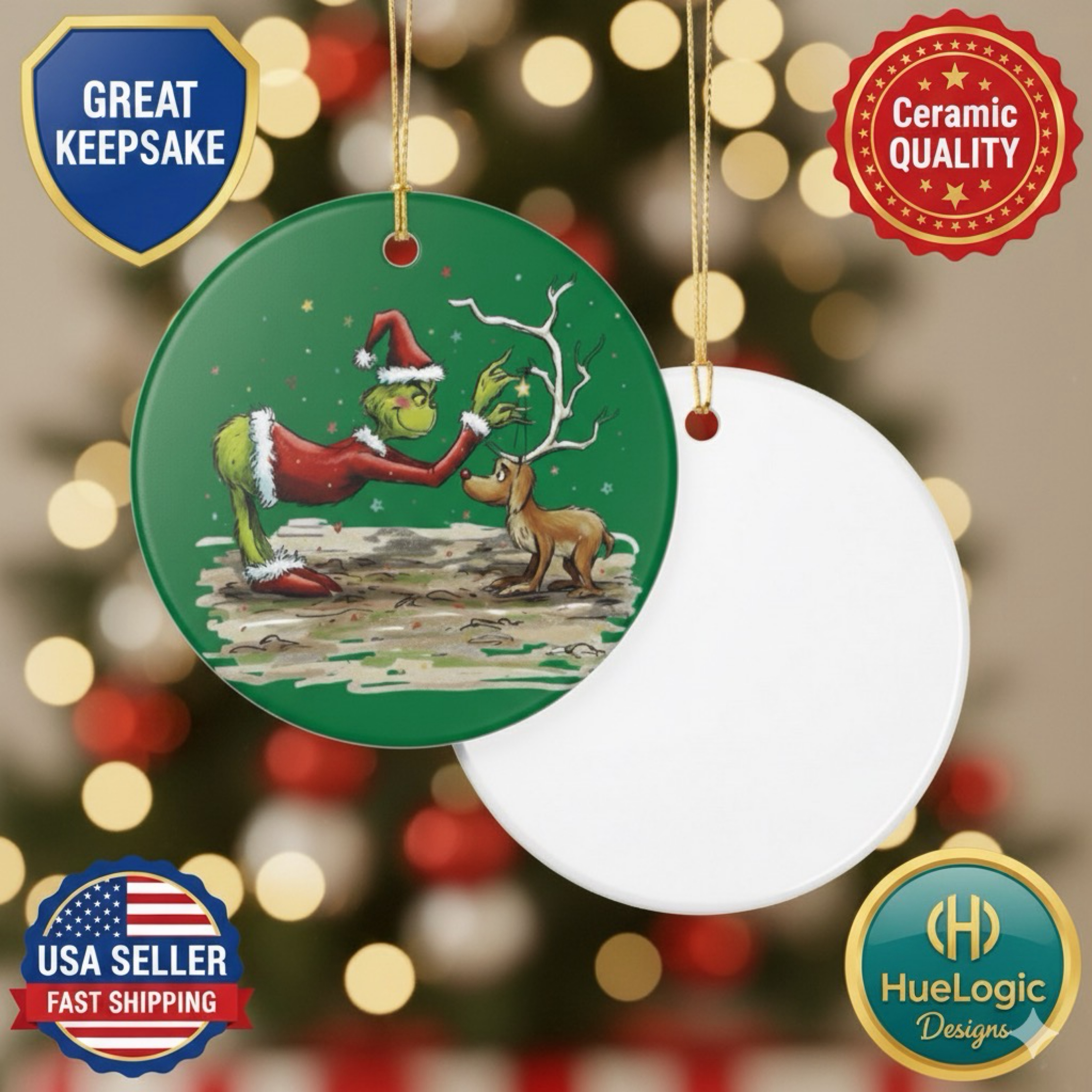 Grinch & Max the Dog Ceramic Christmas Ornament Holiday Decor Whimsical Xmas product thumbnail image Grinch & Max the Dog Ceramic Christmas Ornament Holiday Decor Whimsical Xmas product thumbnail image