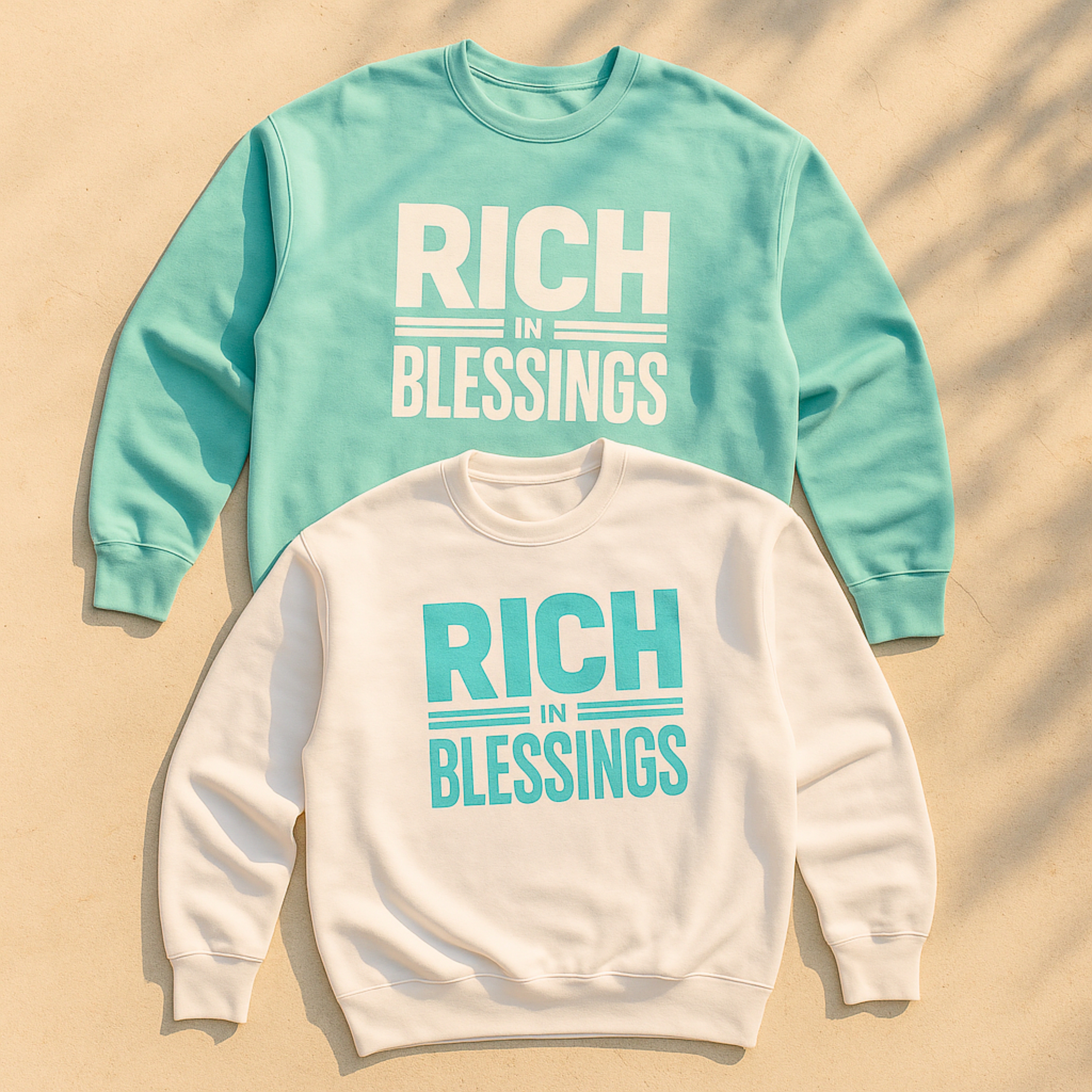 Unisex "RICH IN BLESSINGS" White/Peppermint Sweatshirt product thumbnail image Unisex "RICH IN BLESSINGS" White/Peppermint Sweatshirt product thumbnail image