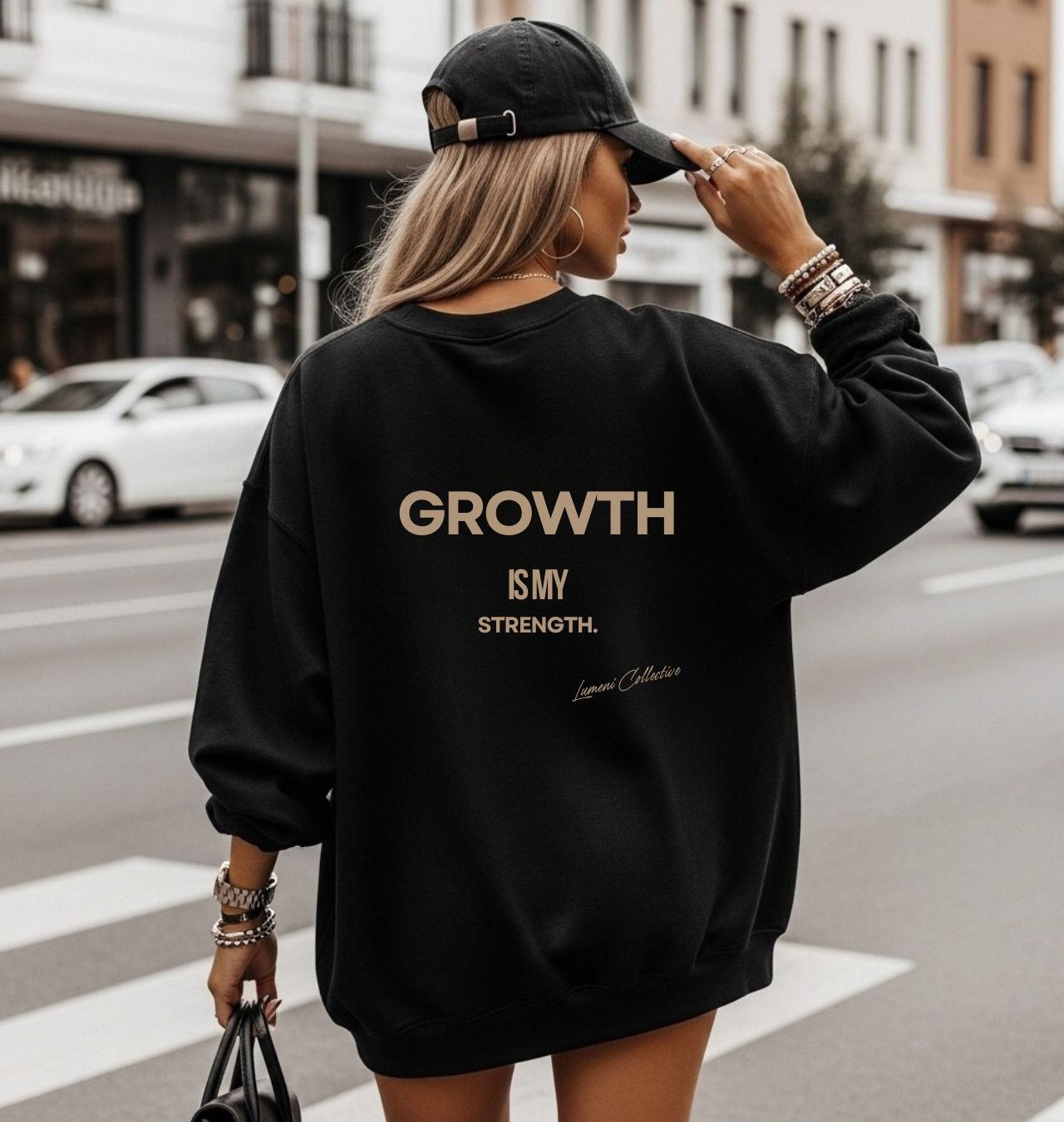 “Growth Is My Strength” Unisex Black Sweatshirt – Minimalist Beige Print, Inspirational Streetwear | Motivational Gift for Her/Him | Casual Outfit “Growth Is My Strength” Unisex Black Sweatshirt – Minimalist Beige Print, Inspirational Streetwear | Motivational Gift for Her/Him | Casual Outfit
