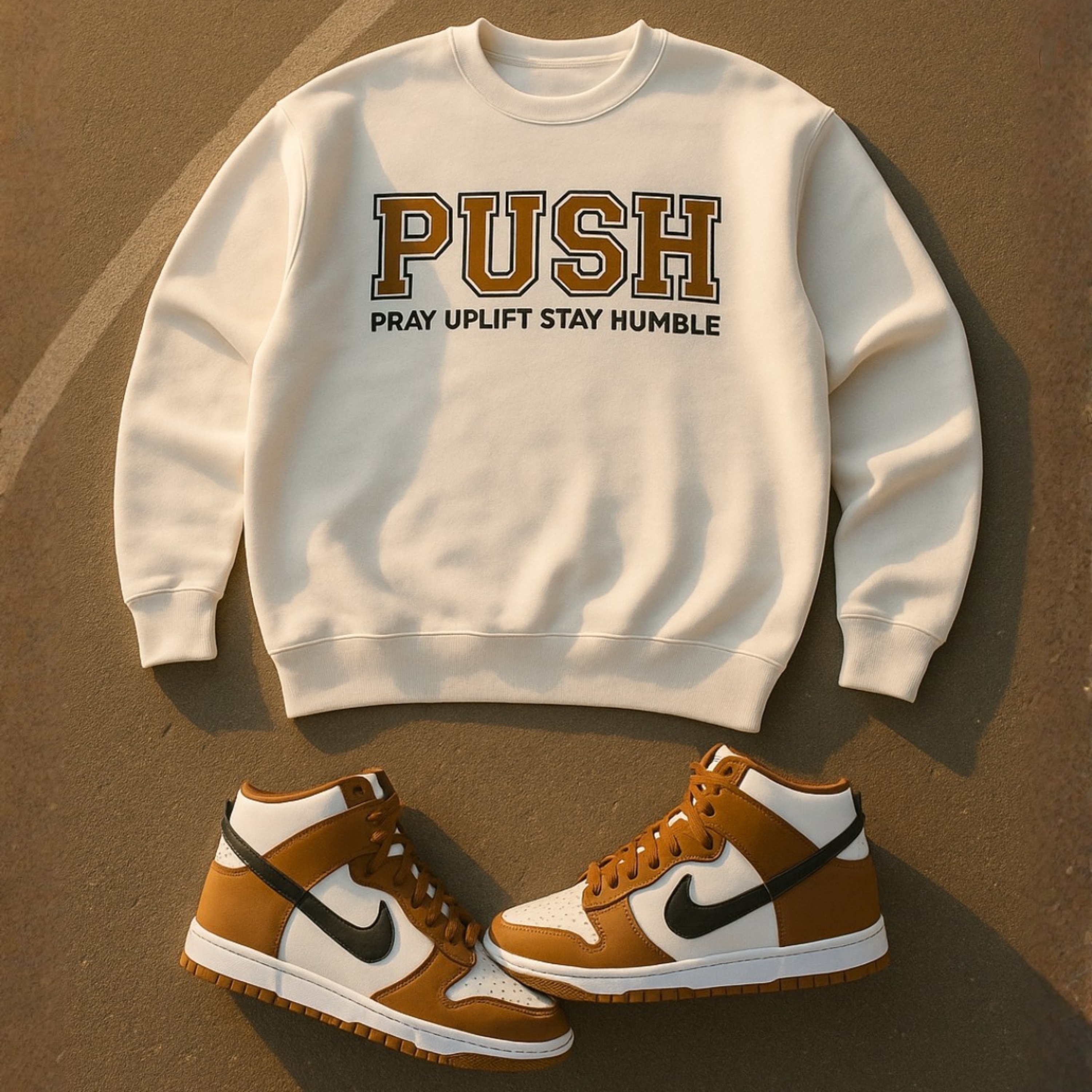 Unisex "PUSH" Cognac brown/White/Black Sweatshirt product thumbnail image