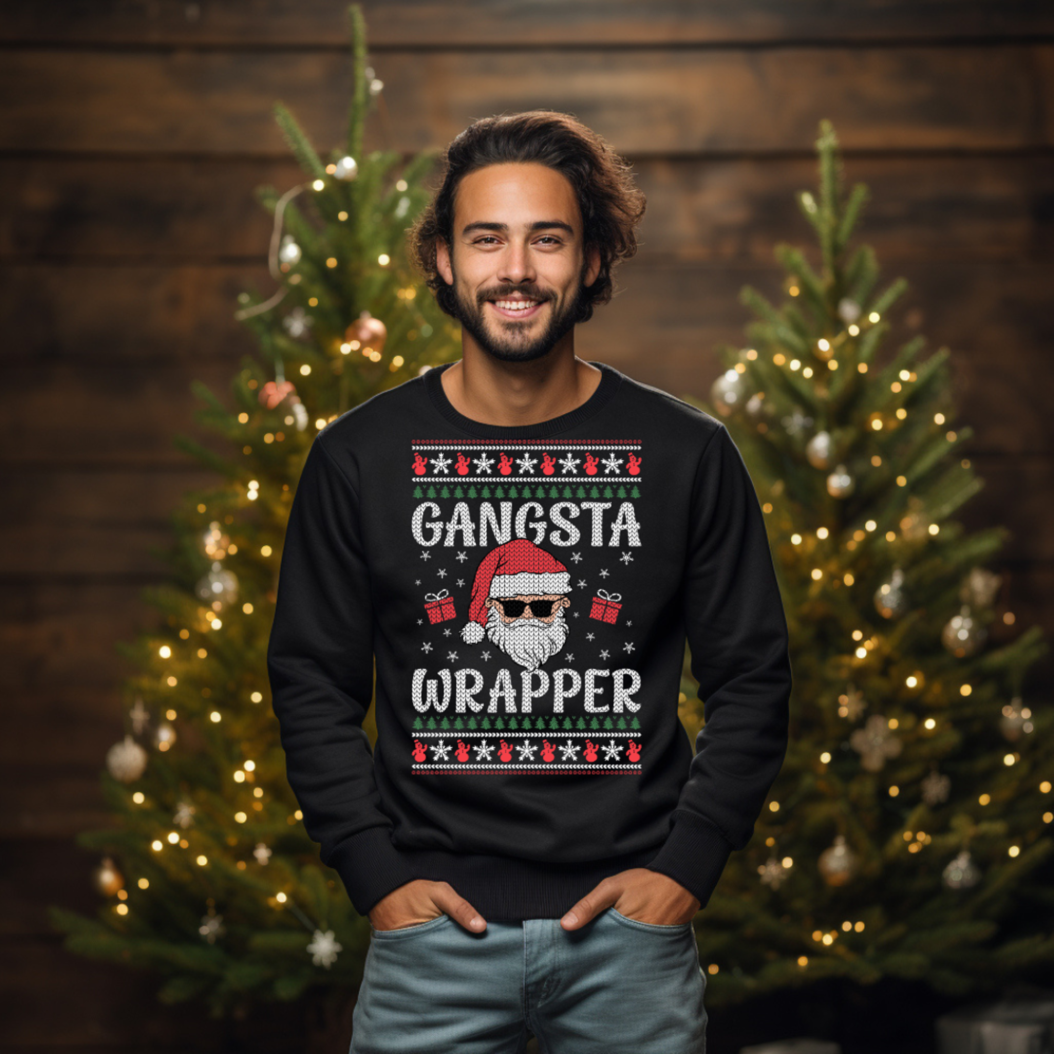 Gangsta Wrapper Christmas Themed Sweatshirt with Fun Holiday Graphics product thumbnail image Gangsta Wrapper Christmas Themed Sweatshirt with Fun Holiday Graphics product thumbnail image