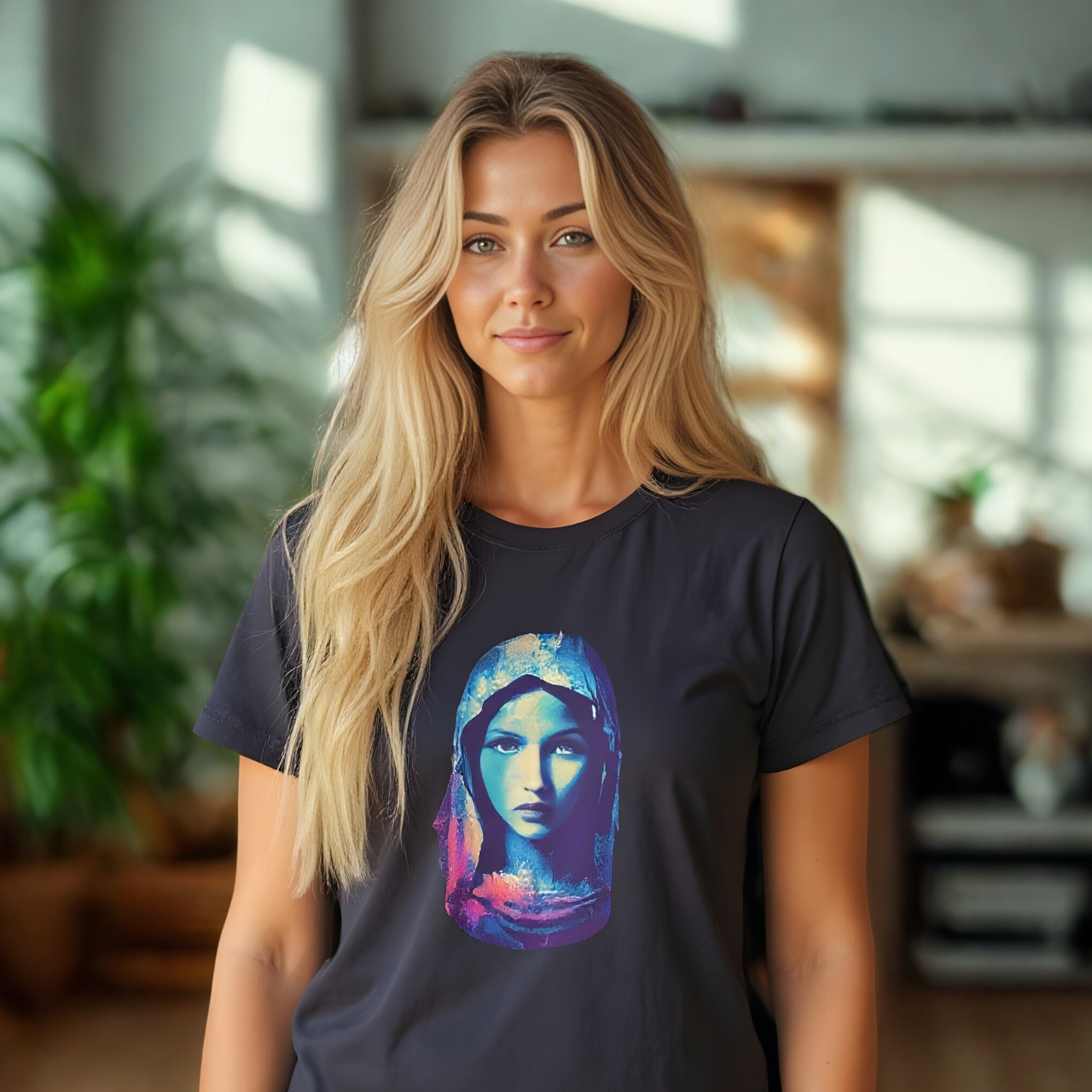 Mother Mary Graphic T-Shirt | Modern Christian Art Tee | Vibrant Faith-Inspired Unisex Shirt product thumbnail image