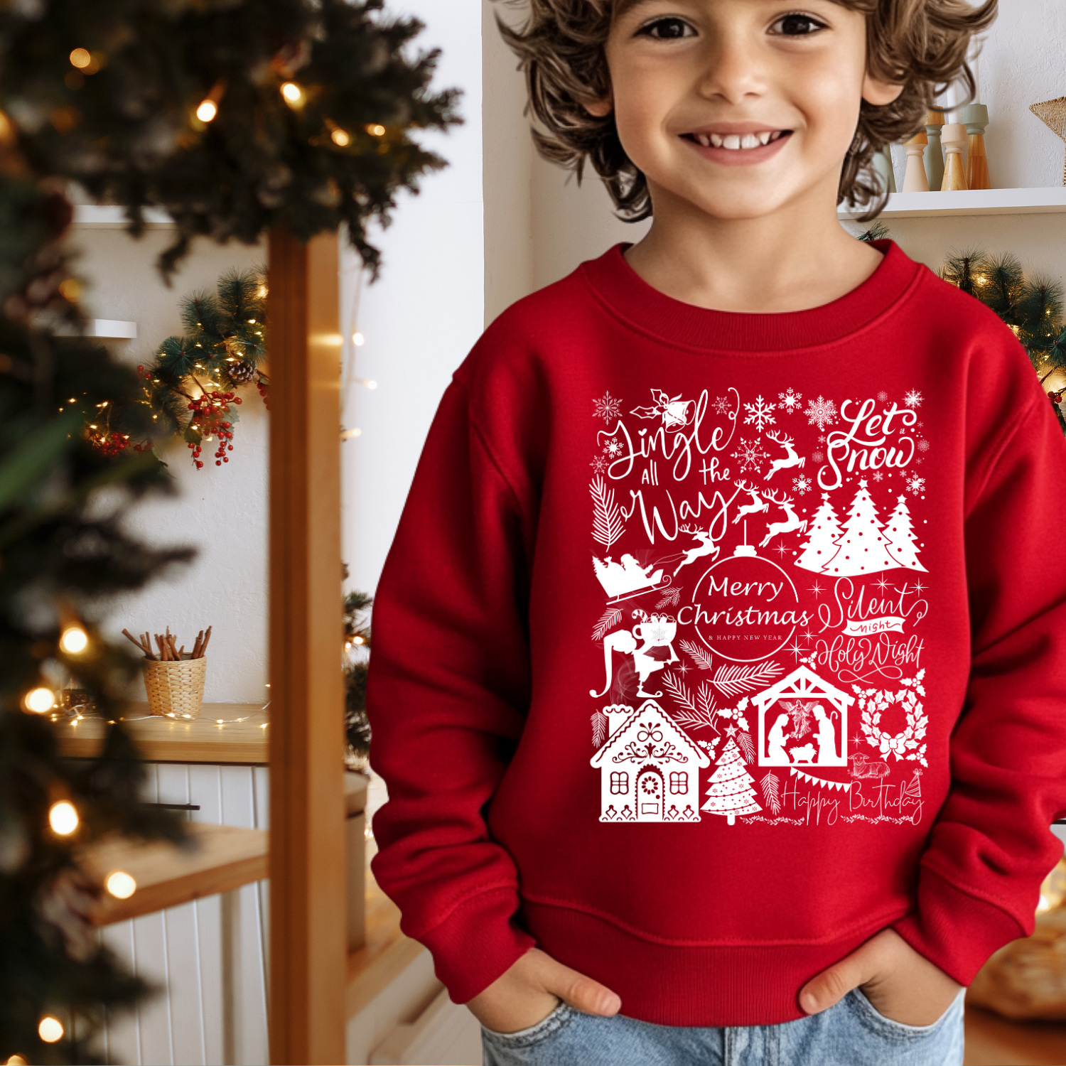 Merry Christmas Doodle with Nativity Youth Crewneck Sweatshirt product thumbnail image