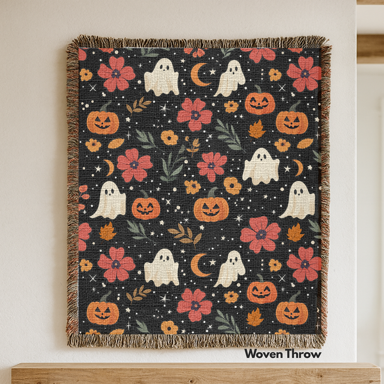 Halloween Pattern: Pumpkins, Ghosts, and Fall Leaves Woven Throw Blanket