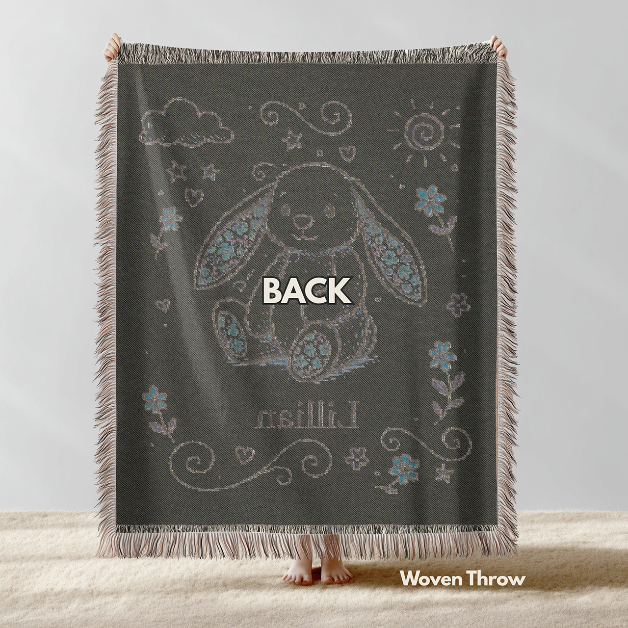 Personalized Whimsical Bunny Blanket Woven Throw Blanket product thumbnail image Personalized Whimsical Bunny Blanket Woven Throw Blanket product thumbnail image