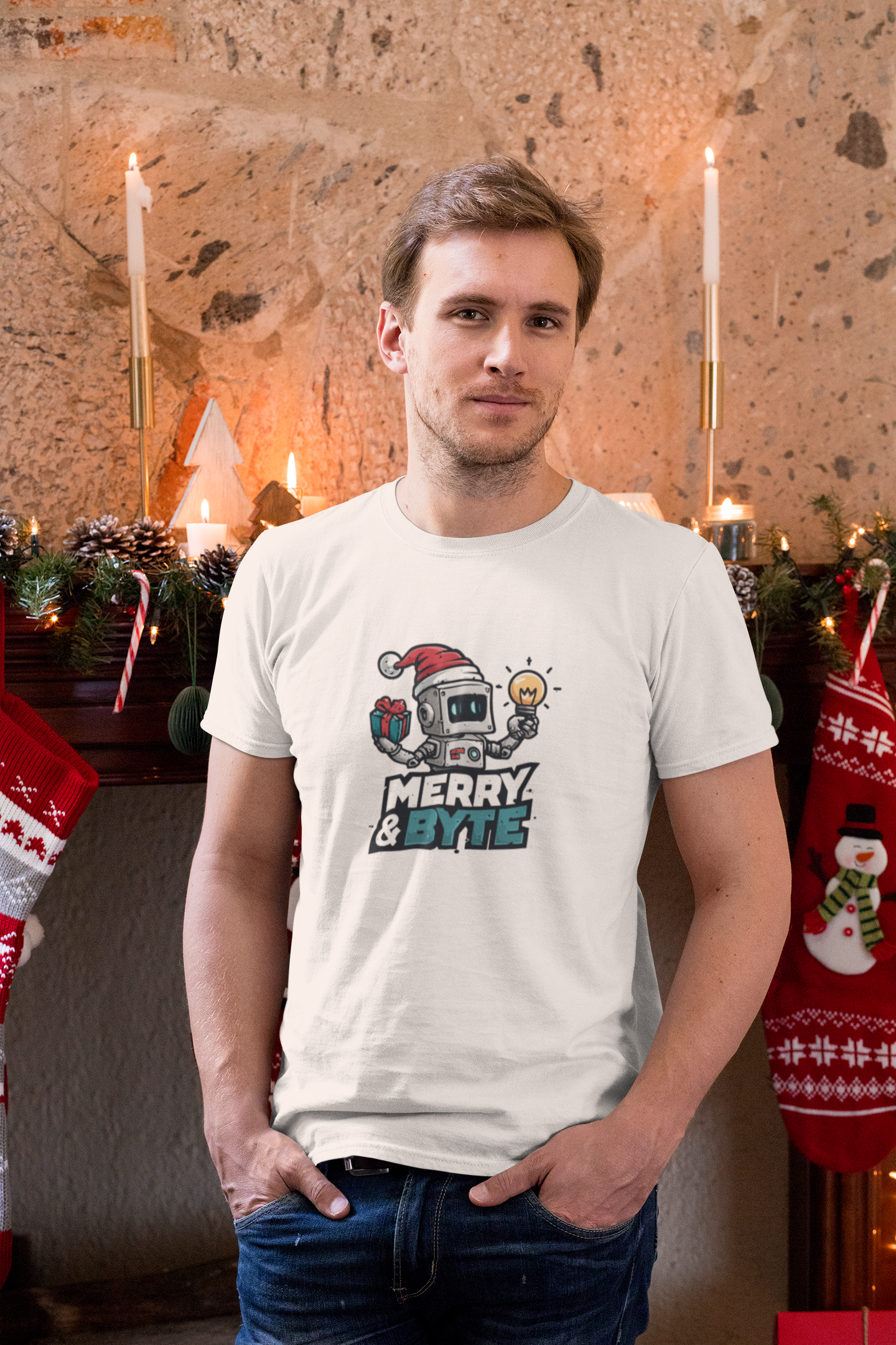 Merry &amp; Byte Holiday Robot T-Shirt product thumbnail image