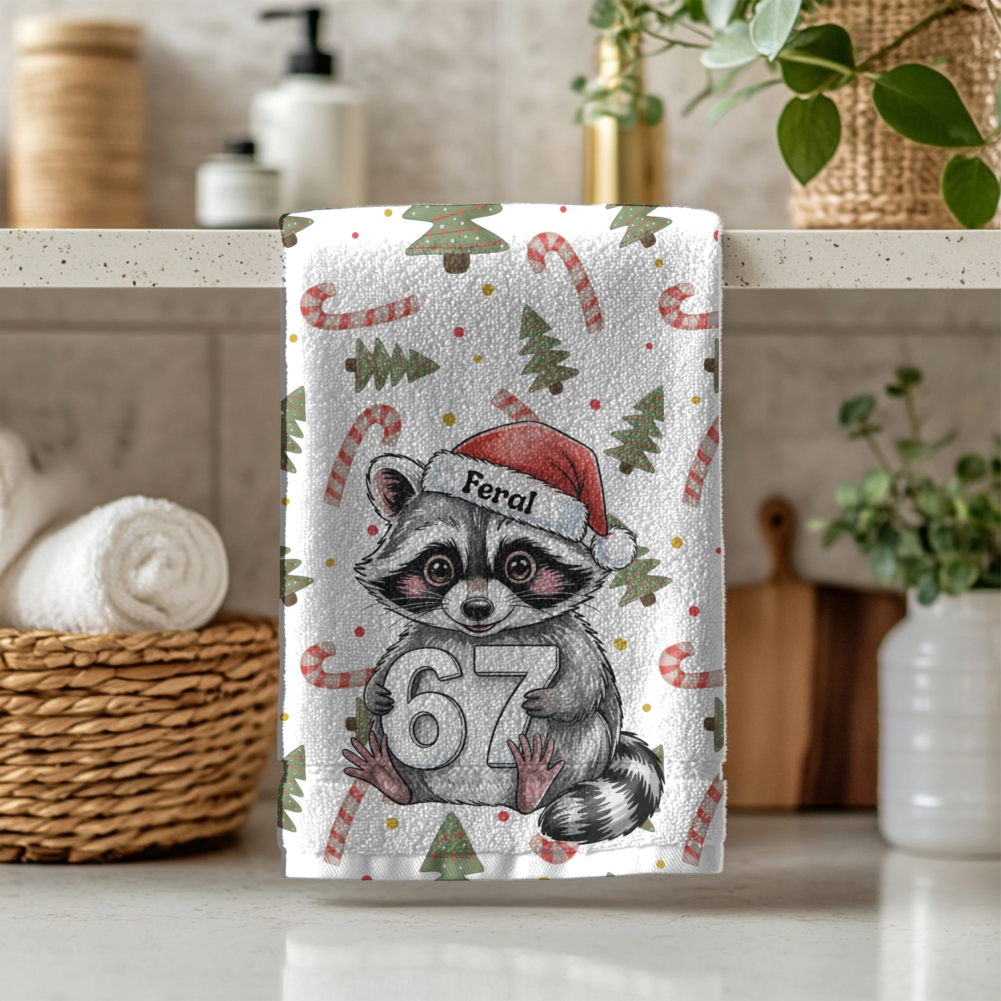 Feral Racoon 6 7 Christmas Cute Holiday Raccoon Hand Towel with Santa Hat – Festive Kitchen Decor Feral Racoon 6 7 Christmas Cute Holiday Raccoon Hand Towel with Santa Hat – Festive Kitchen Decor