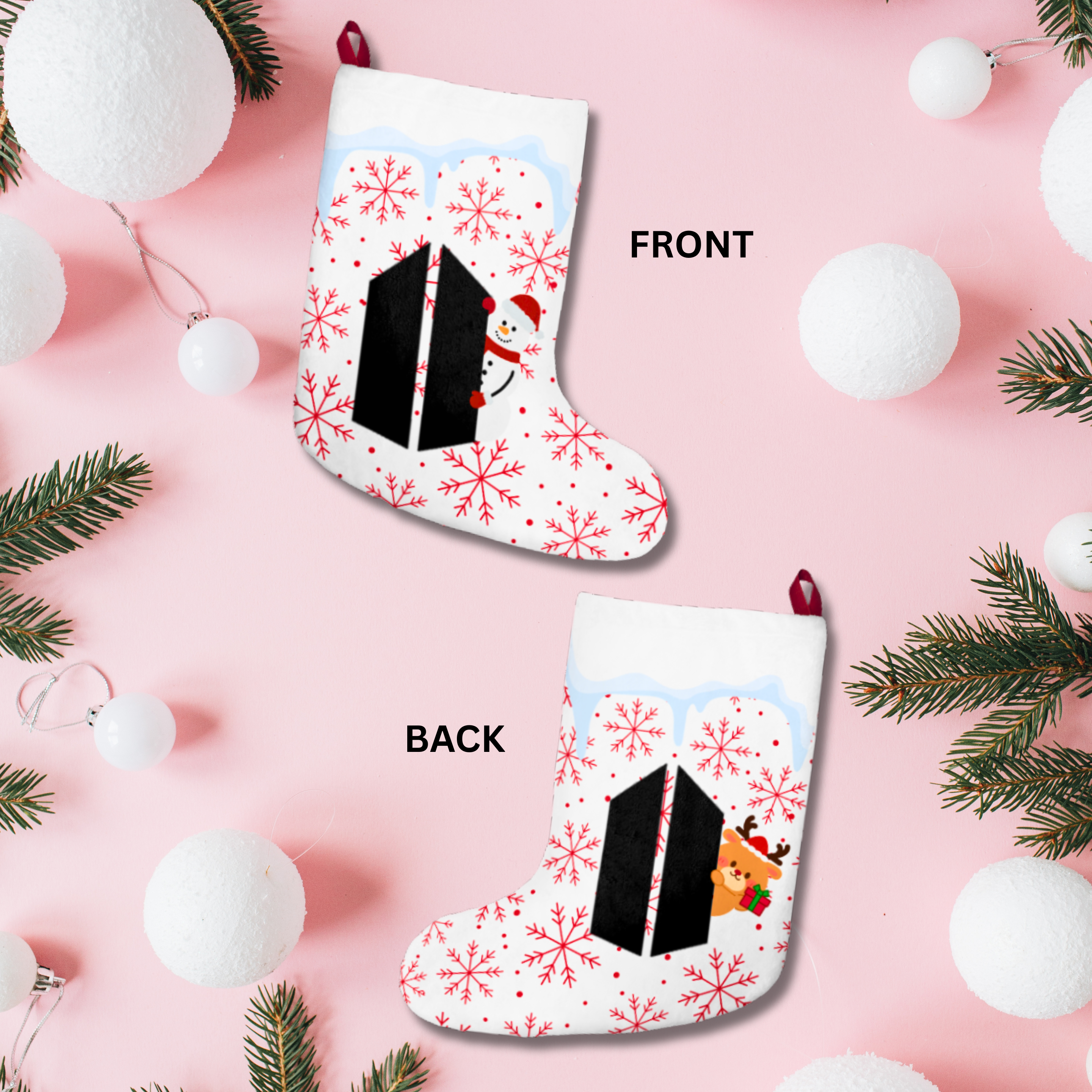 BTS ARMY Christmas Stocking — ARMY-Inspired Snowflake Stocking w/ Reindeer & Snowman | Plush Hanging Holiday Decor | Fan-Made product thumbnail image BTS ARMY Christmas Stocking — ARMY-Inspired Snowflake Stocking w/ Reindeer & Snowman | Plush Hanging Holiday Decor | Fan-Made product thumbnail image