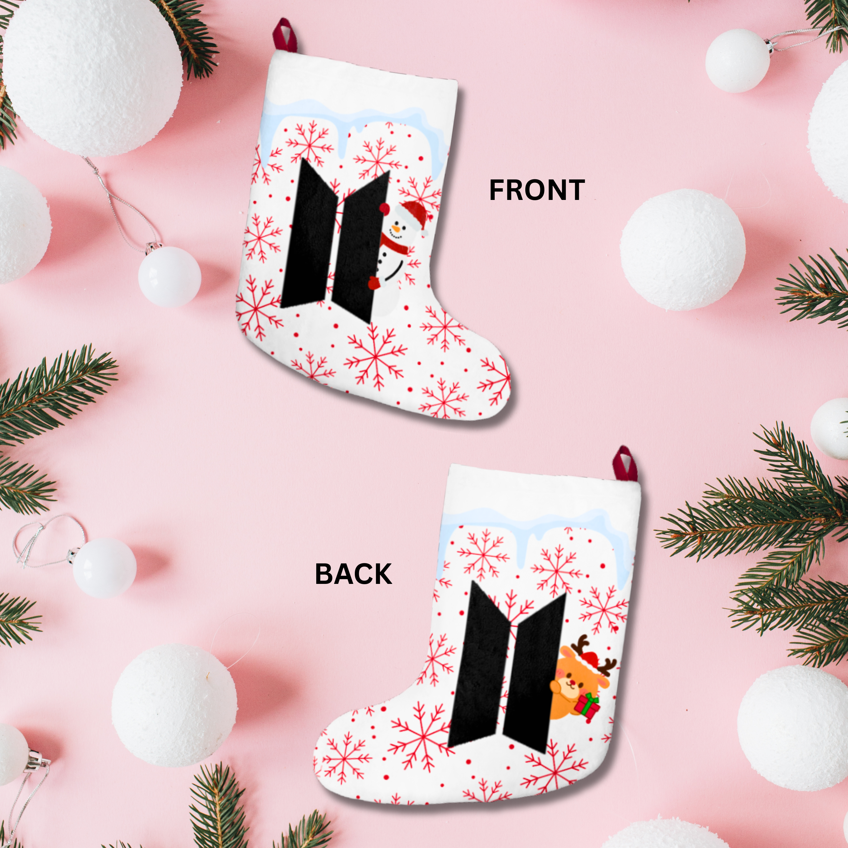 BTS Christmas Stocking — BTS-Inspired Snowflake Stocking w/ Reindeer & Snowman | Plush Hanging Holiday Decor | Fan-Made product thumbnail image BTS Christmas Stocking — BTS-Inspired Snowflake Stocking w/ Reindeer & Snowman | Plush Hanging Holiday Decor | Fan-Made product thumbnail image