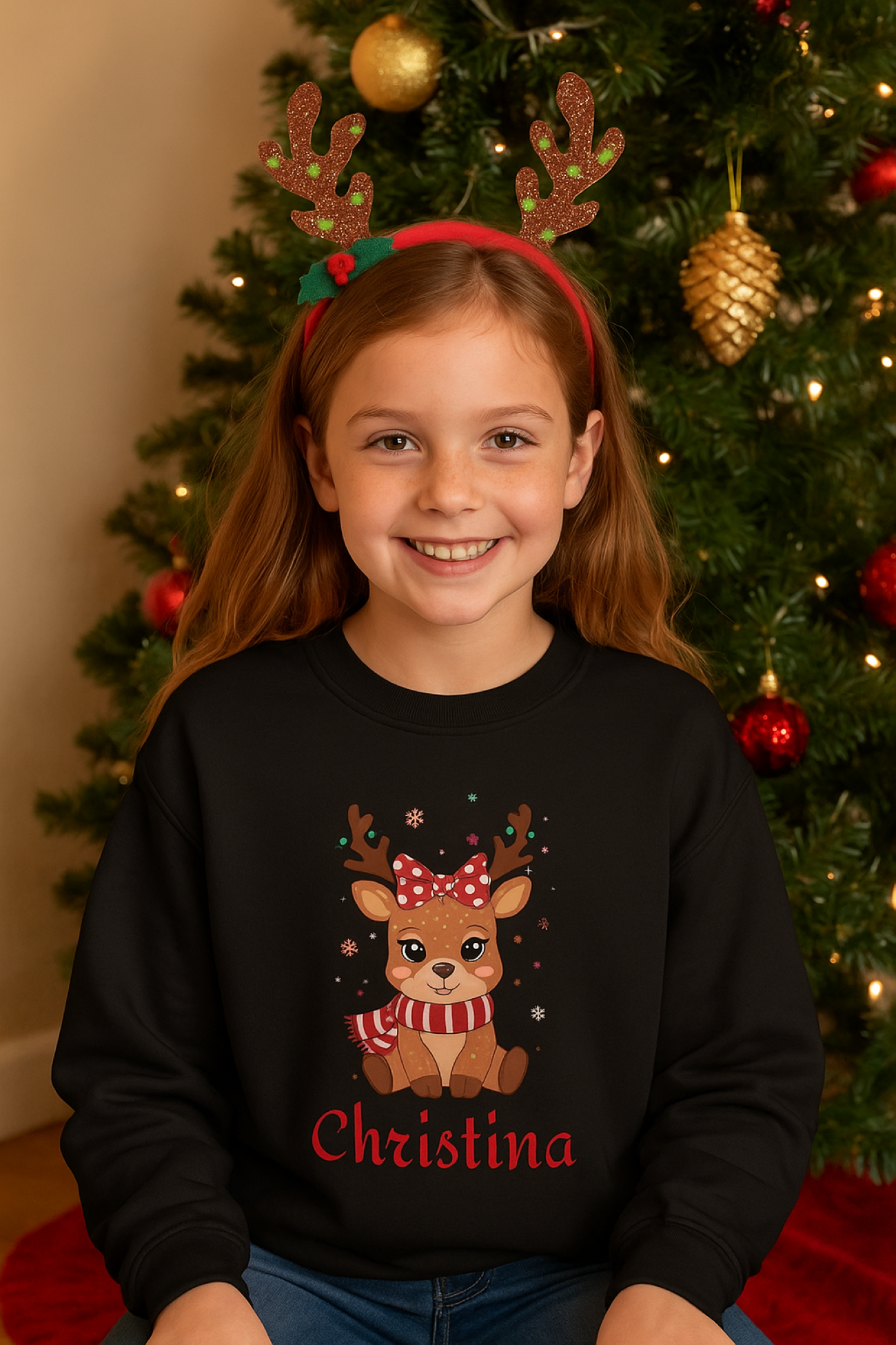 Personalized Girl Reindeer Christmas Sweatshirt