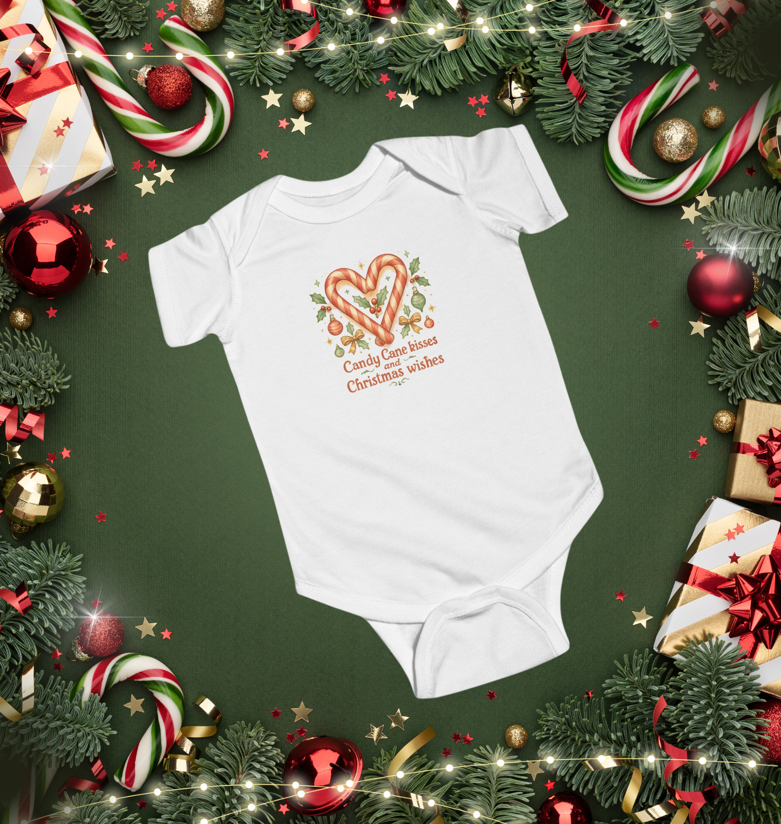 Candy Cane Kisses &amp; Christmas Wishes Baby Grow | Festive Baby Bodysuit | Christmas Outfit | Holiday Baby Gift product thumbnail image