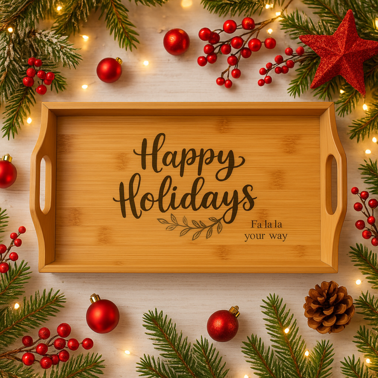 Engraved Bamboo Serving Tray - Happy Holidays Decor Engraved Bamboo Serving Tray - Happy Holidays Decor