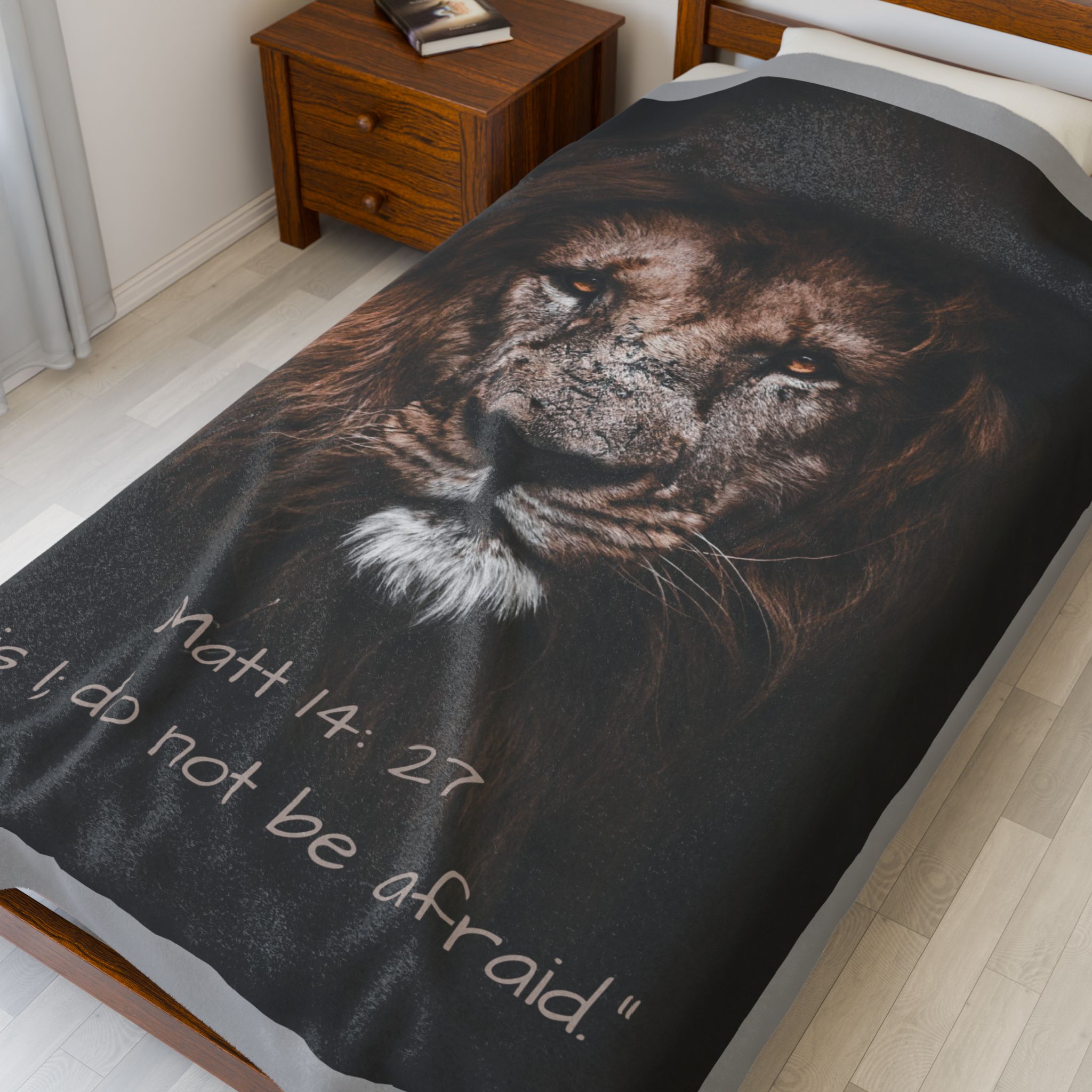 Inspirational Lightweight Velveteen Plushie Blanket featuring a Bible Verse Scriptural Matthew 14:27 product thumbnail image Inspirational Lightweight Velveteen Plushie Blanket featuring a Bible Verse Scriptural Matthew 14:27 product thumbnail image