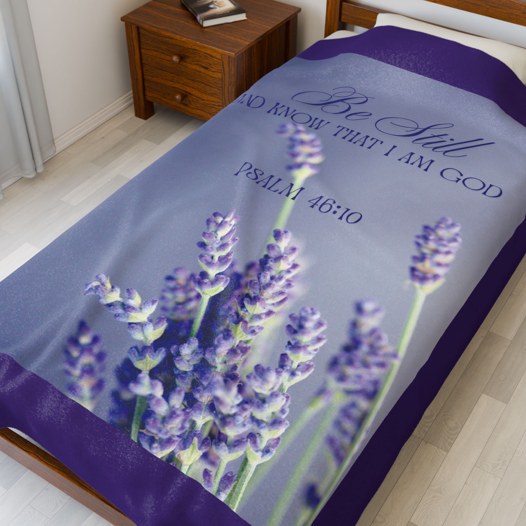 Inspirational Lightweight Velveteen Plushie Blanket featuring a Bible Verse Scriptural Psalm 46:10, Christian Lightweight Plushie Throw product thumbnail image