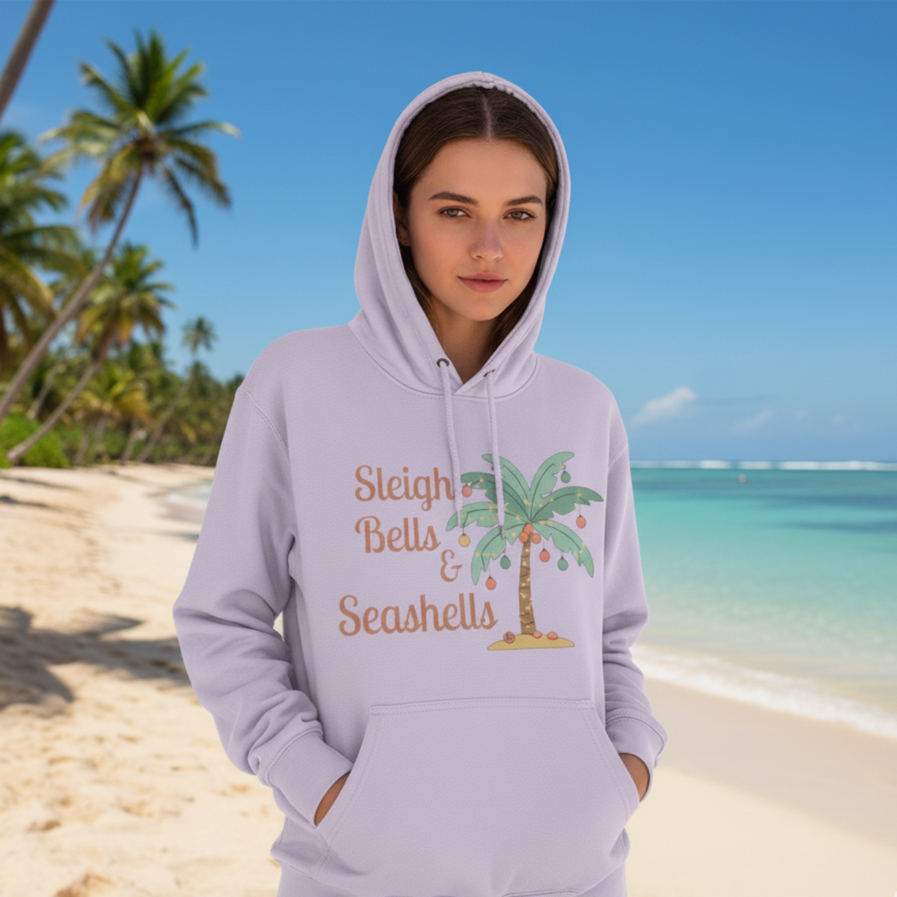 Sleigh Bells & Seashells Coastal Christmas Hoodie product thumbnail image Sleigh Bells & Seashells Coastal Christmas Hoodie product thumbnail image