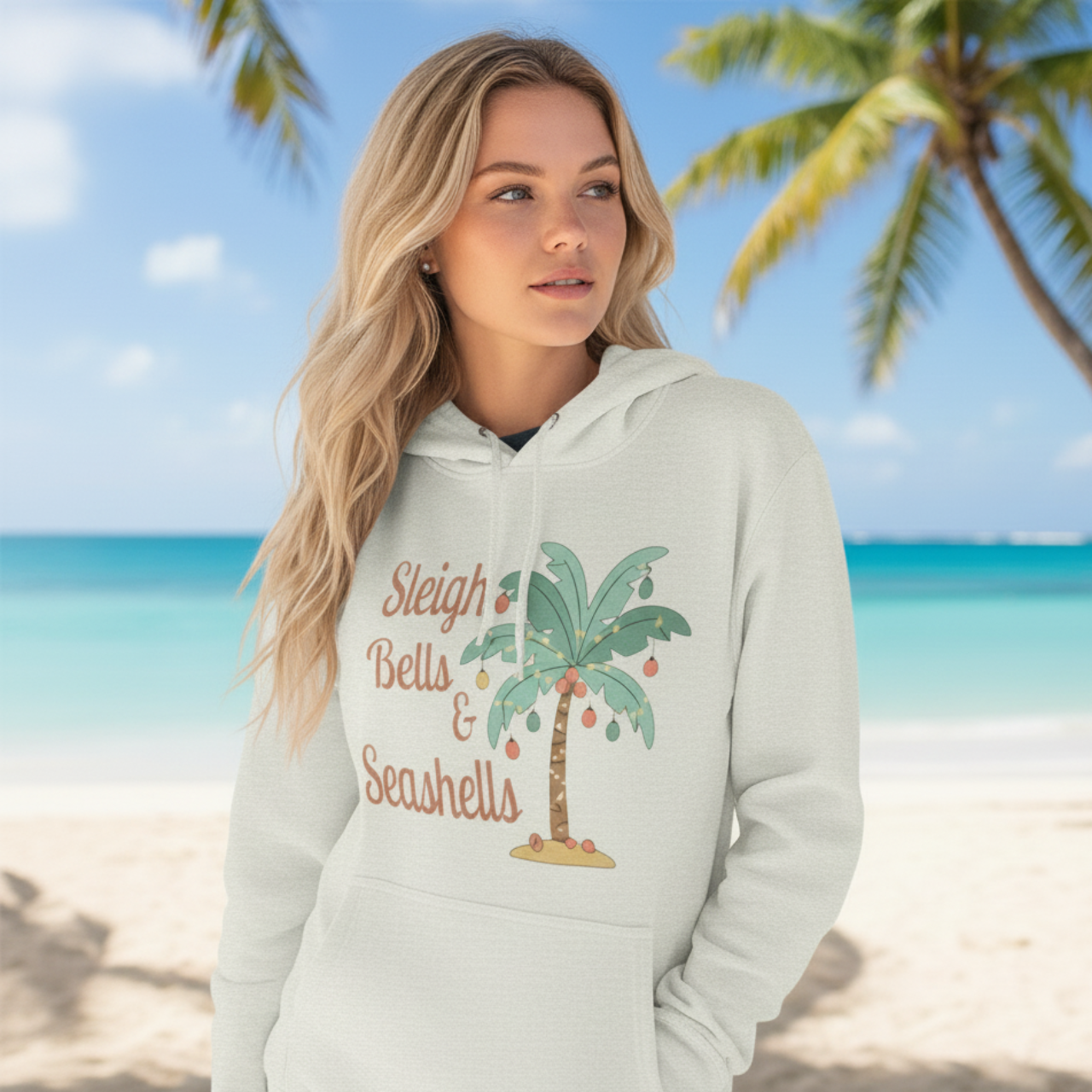 Sleigh Bells & Seashells Coastal Christmas Hoodie product thumbnail image Sleigh Bells & Seashells Coastal Christmas Hoodie product thumbnail image