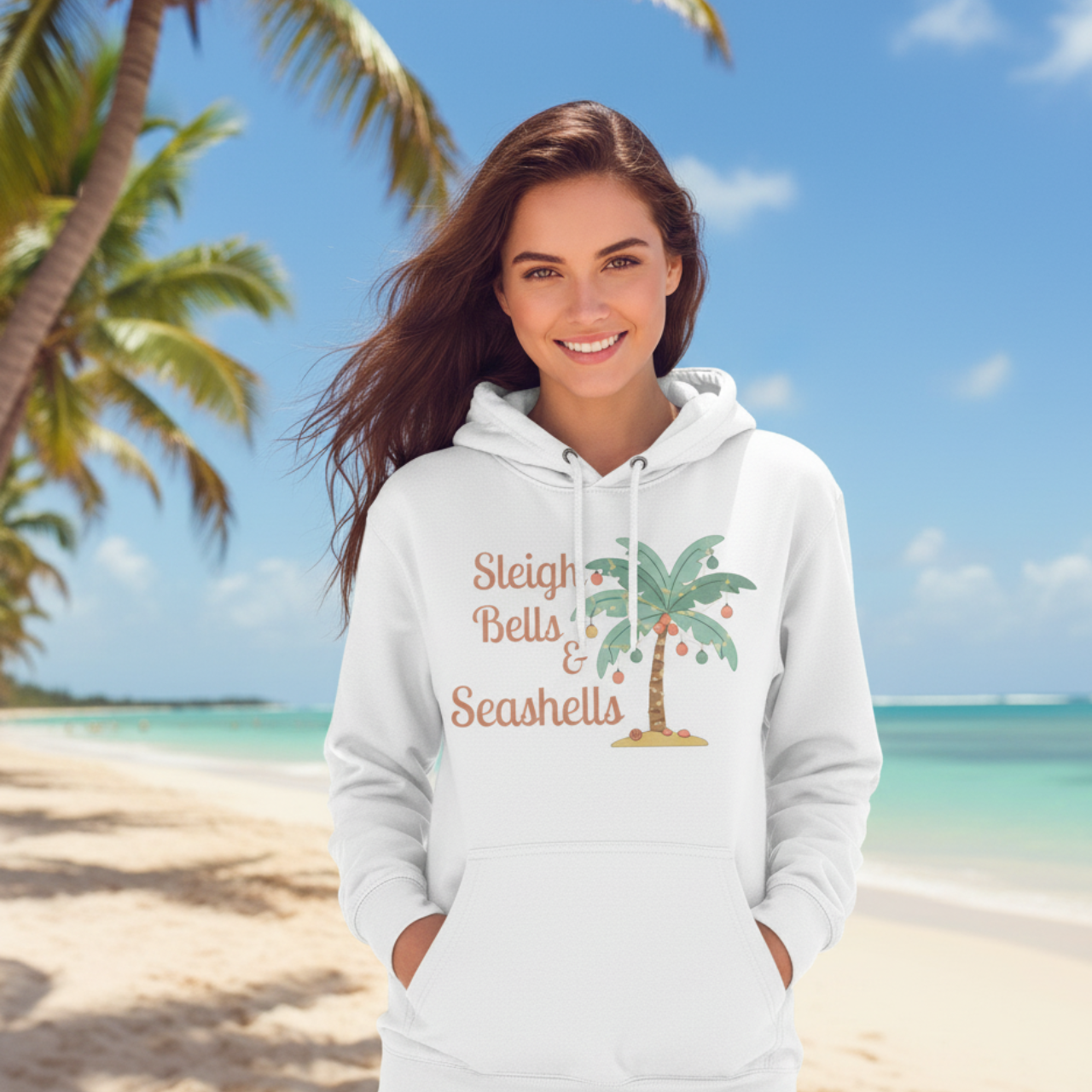 Sleigh Bells & Seashells Coastal Christmas Hoodie product thumbnail image Sleigh Bells & Seashells Coastal Christmas Hoodie product thumbnail image