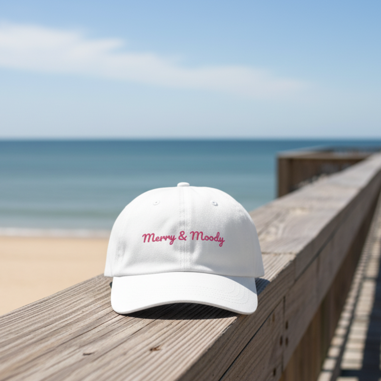 Merry &amp; Moody Embroidered Dad Hat | White Cotton Cap | Coastal Holiday Vibes product thumbnail image