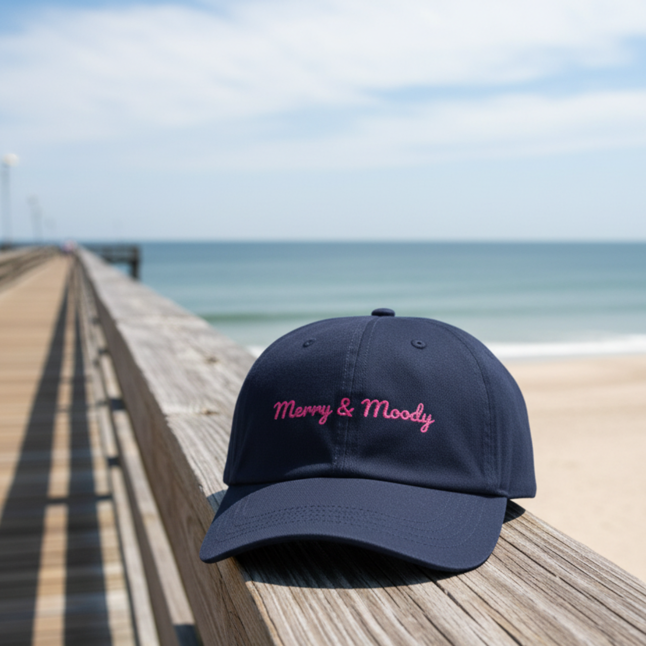 Merry &amp; Moody Embroidered Dad Hat | White Cotton Cap | Coastal Holiday Vibes product thumbnail image