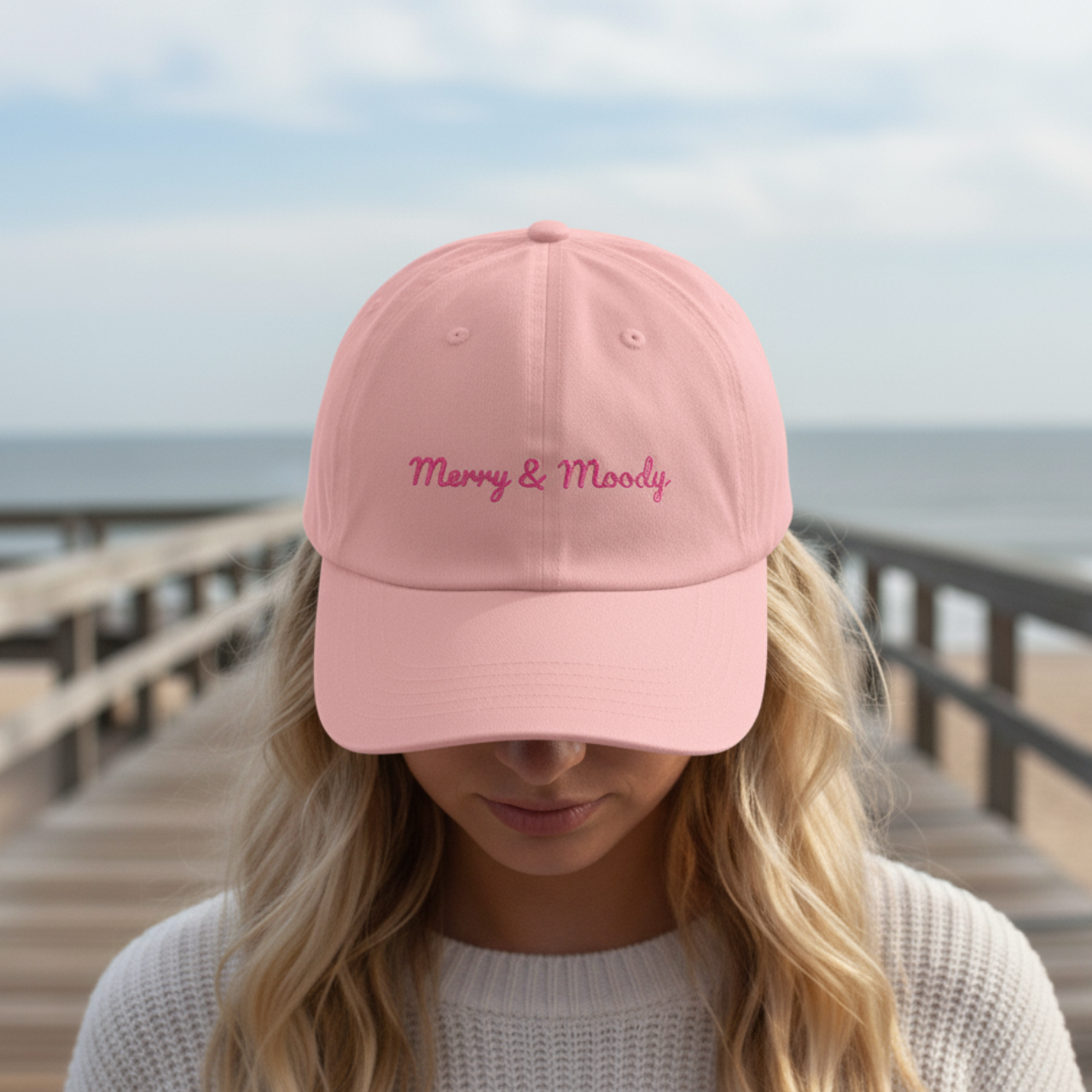Merry &amp; Moody Embroidered Dad Hat | White Cotton Cap | Coastal Holiday Vibes product thumbnail image