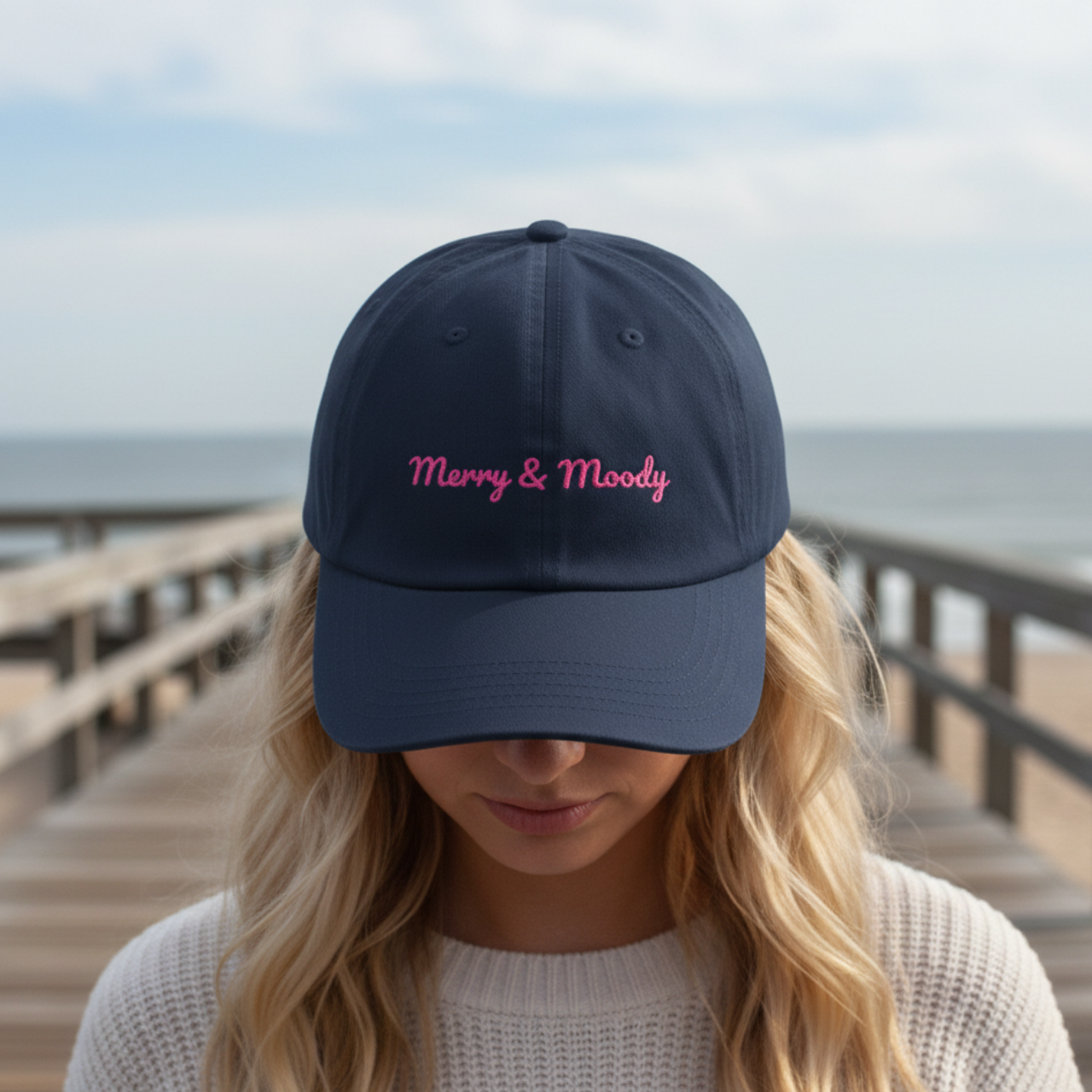 Merry & Moody Embroidered Dad Hat | White Cotton Cap | Coastal Holiday Vibes product thumbnail image Merry & Moody Embroidered Dad Hat | White Cotton Cap | Coastal Holiday Vibes product thumbnail image