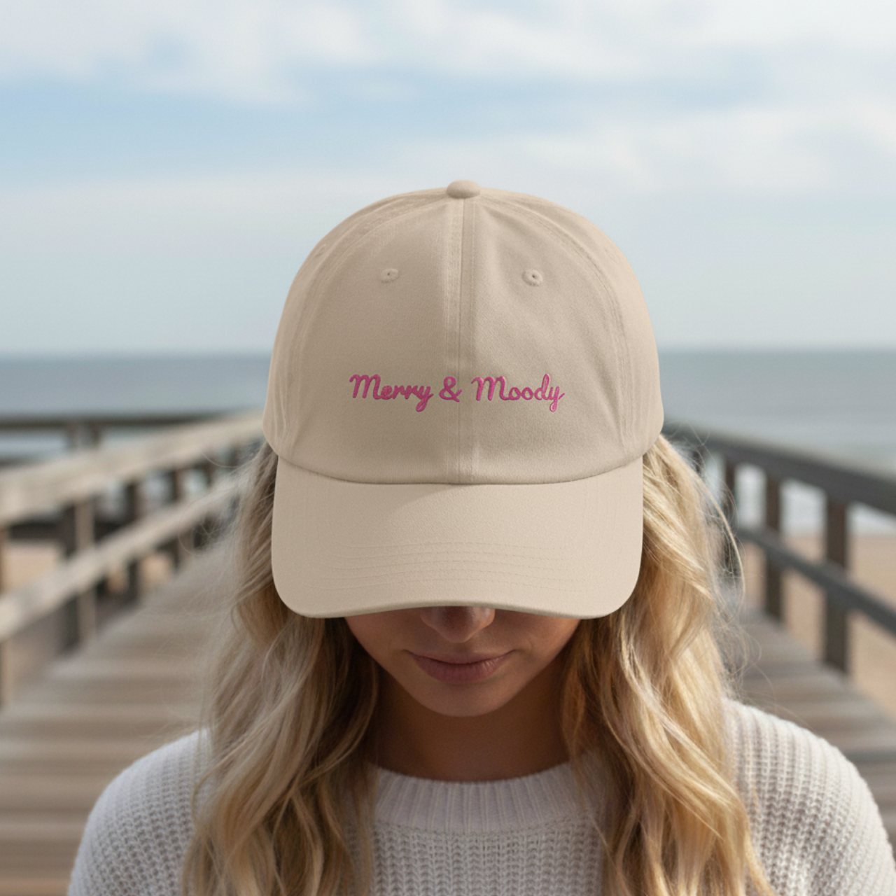 Merry &amp; Moody Embroidered Dad Hat | White Cotton Cap | Coastal Holiday Vibes product thumbnail image