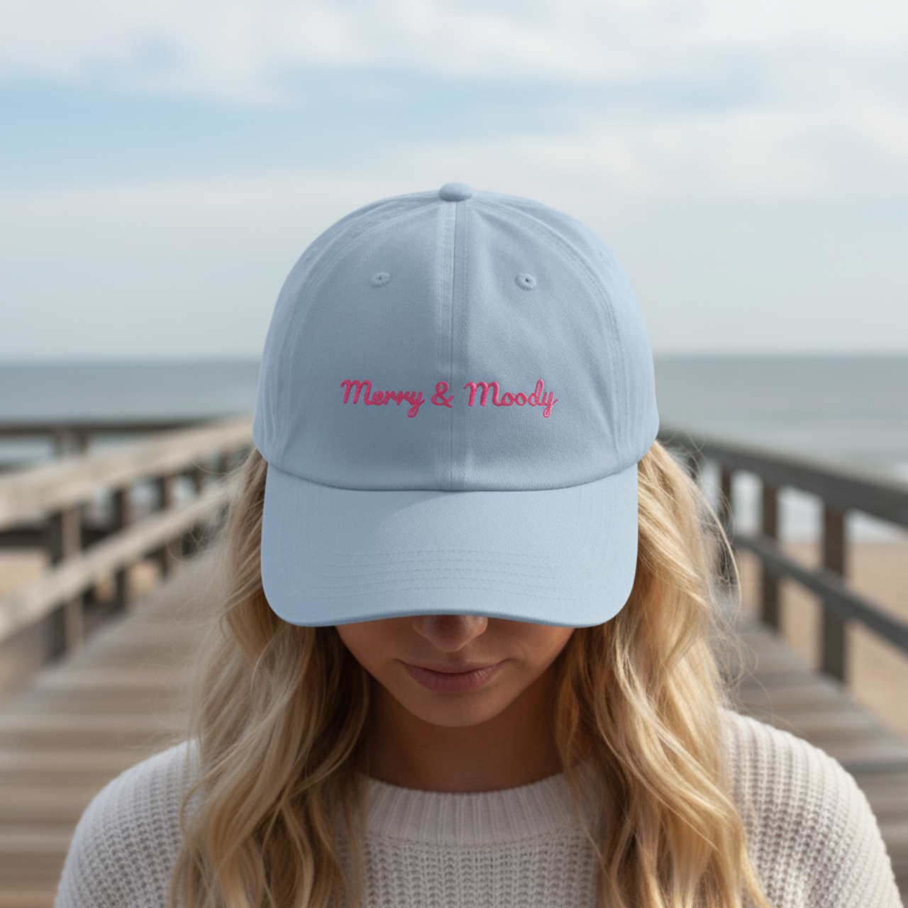 Merry &amp; Moody Embroidered Dad Hat | White Cotton Cap | Coastal Holiday Vibes product thumbnail image