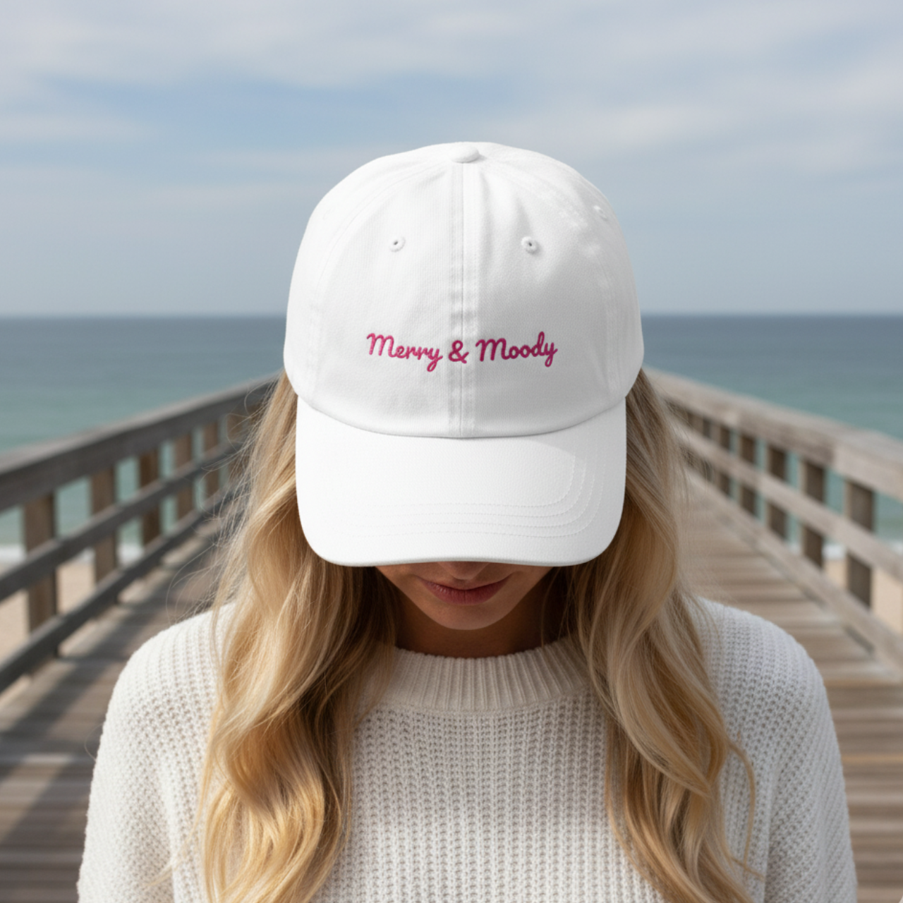 Merry & Moody Embroidered Dad Hat | White Cotton Cap | Coastal Holiday Vibes product thumbnail image Merry & Moody Embroidered Dad Hat | White Cotton Cap | Coastal Holiday Vibes product thumbnail image