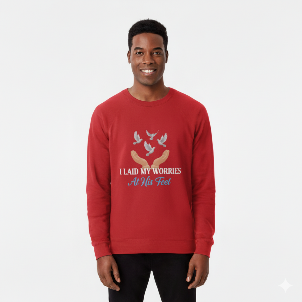 Inspirational Crewneck Sweatshirt - "I Laid My Worries At His Feet" product thumbnail image Inspirational Crewneck Sweatshirt - "I Laid My Worries At His Feet" product thumbnail image