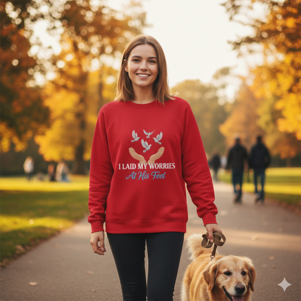 Inspirational Crewneck Sweatshirt - "I Laid My Worries At His Feet" product thumbnail image Inspirational Crewneck Sweatshirt - "I Laid My Worries At His Feet" product thumbnail image