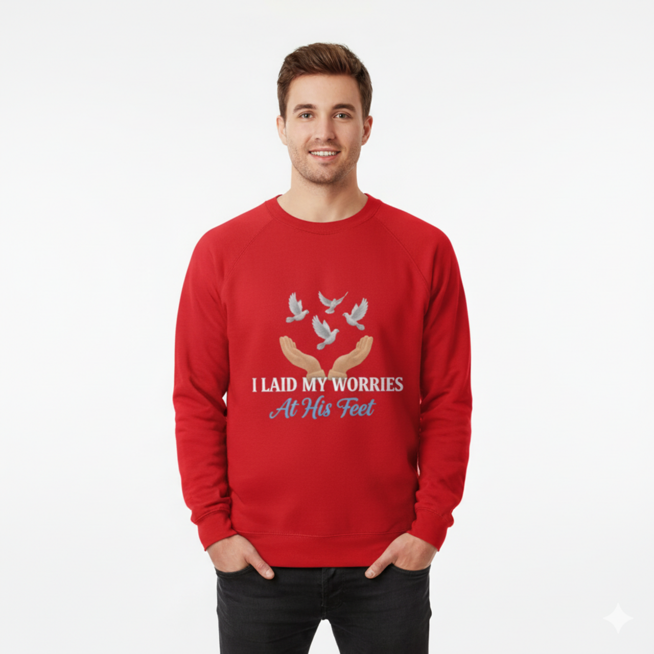 Inspirational Crewneck Sweatshirt - "I Laid My Worries At His Feet" product thumbnail image Inspirational Crewneck Sweatshirt - "I Laid My Worries At His Feet" product thumbnail image