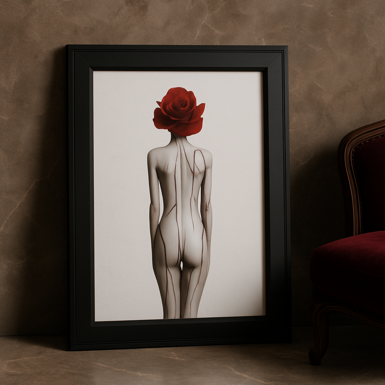 Rose-Headed Muse Framed Matte Canvas – Gothic Surreal Wall Art for Dark Feminine Interiors | Scarlet Psyche