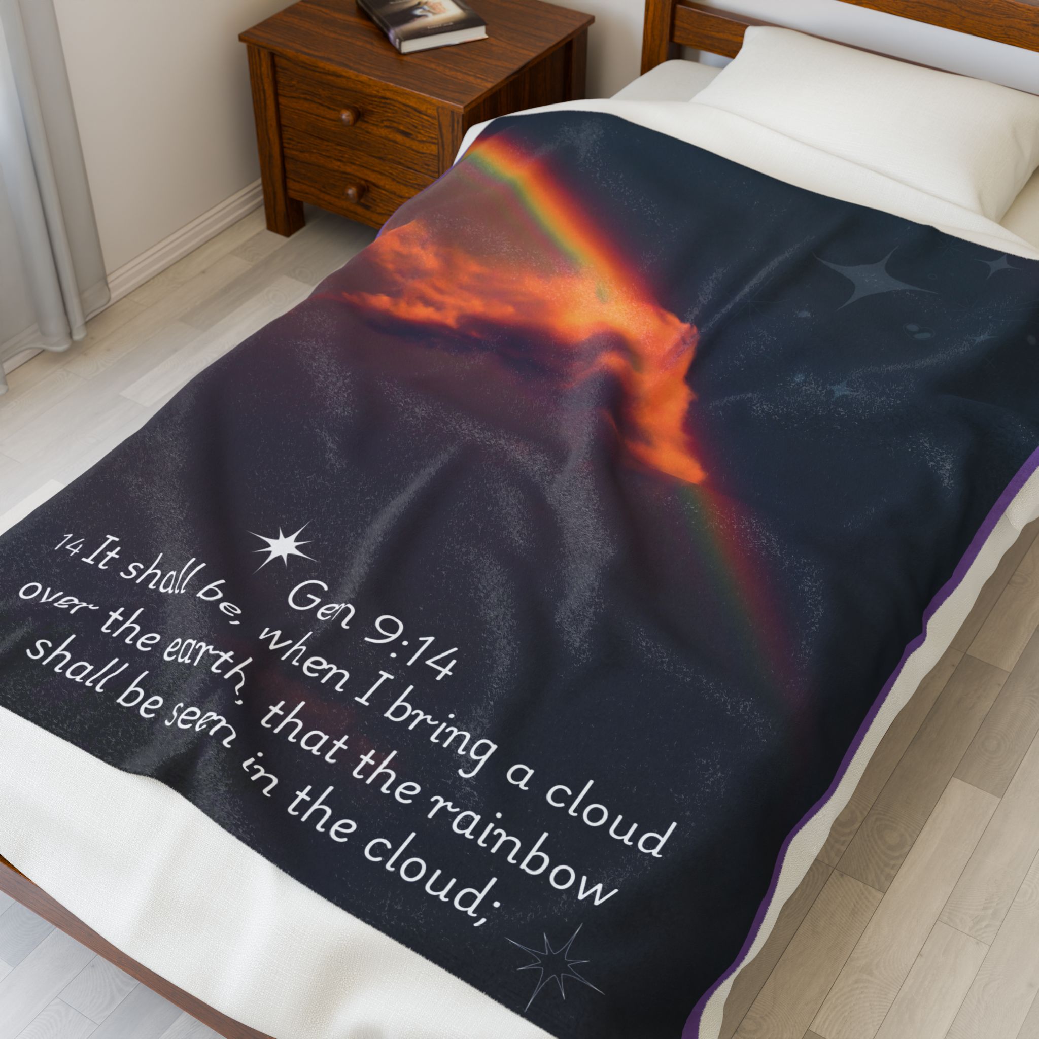 Inspirational Lightweight Velveteen Plushie Blanket featuring a Bible Verse Scriptural Genesis 9:14, Christian Lightweight Plushie Throw product thumbnail image