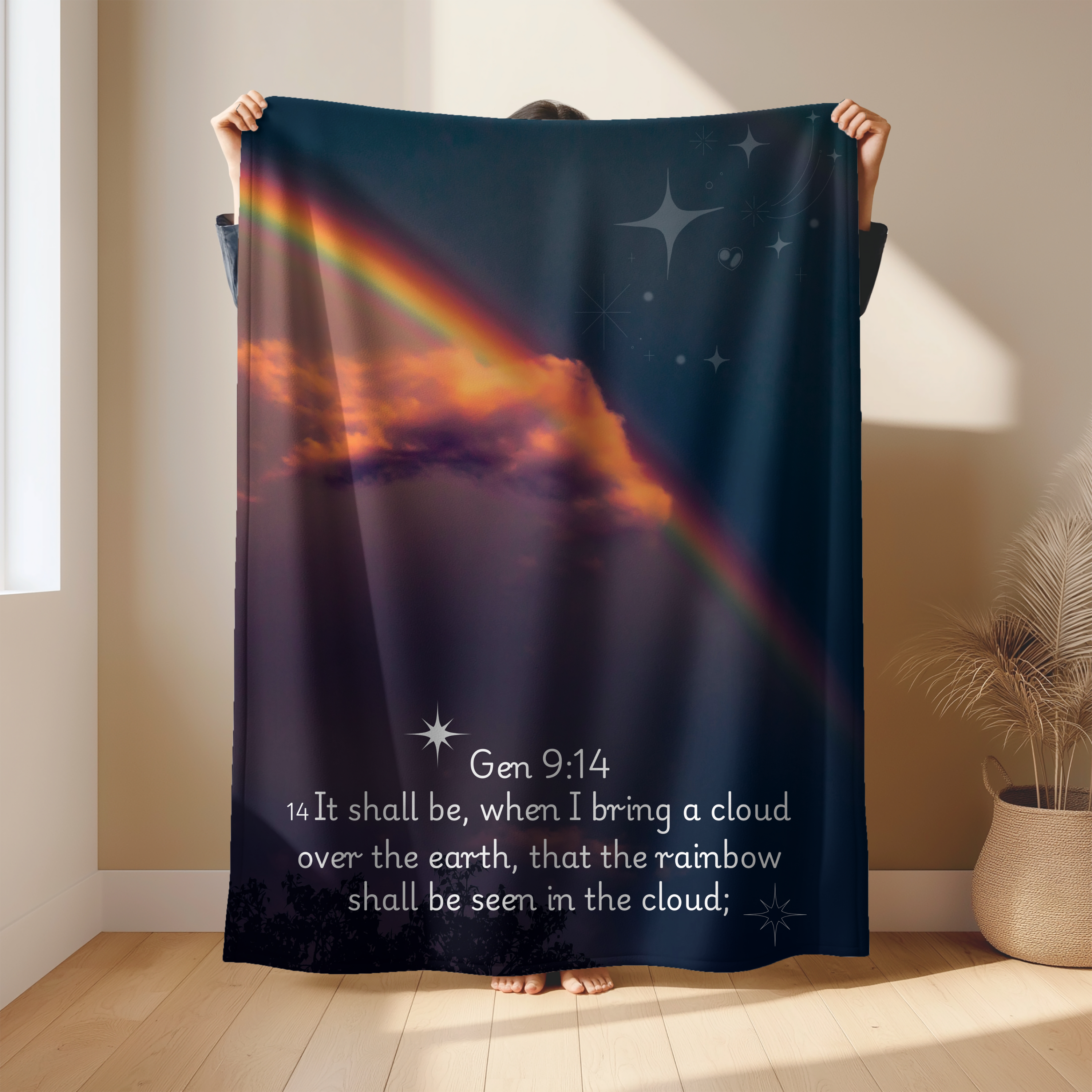 Inspirational Lightweight Velveteen Plushie Blanket featuring a Bible Verse Scriptural Genesis 9:14, Christian Lightweight Plushie Throw product thumbnail image Inspirational Lightweight Velveteen Plushie Blanket featuring a Bible Verse Scriptural Genesis 9:14, Christian Lightweight Plushie Throw product thumbnail image