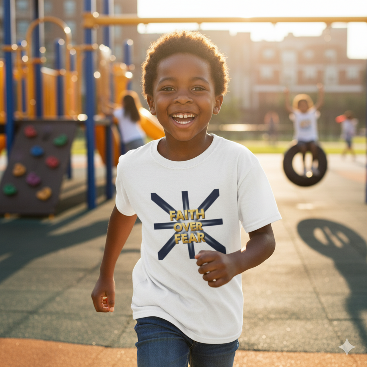 Kids Tee — "Faith Over Fear" Navy Cross Graphic product thumbnail image Kids Tee — "Faith Over Fear" Navy Cross Graphic product thumbnail image