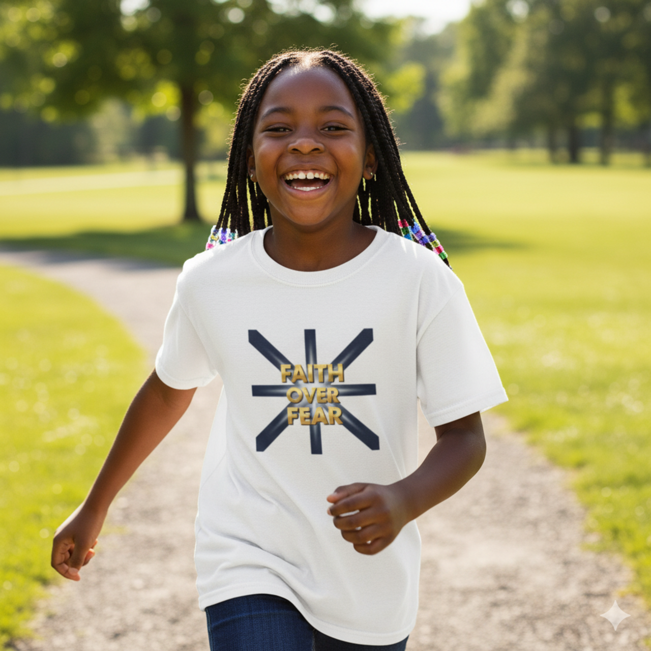 Kids Tee — "Faith Over Fear" Navy Cross Graphic product thumbnail image Kids Tee — "Faith Over Fear" Navy Cross Graphic product thumbnail image