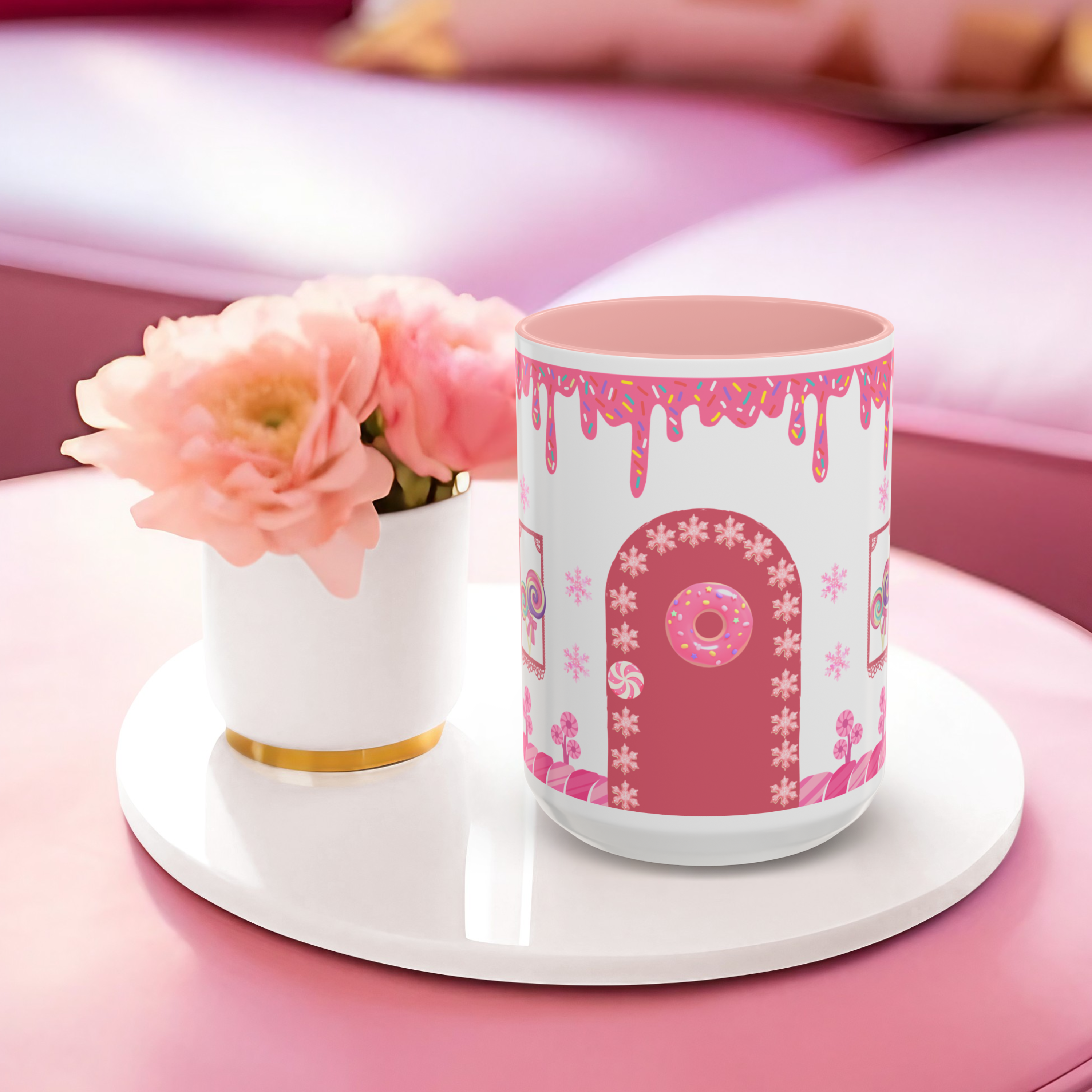 Pink Candy House Coffee Mug | Cute Holiday Wraparound Mug | Sweet Gift for Coffee Lovers product thumbnail image
