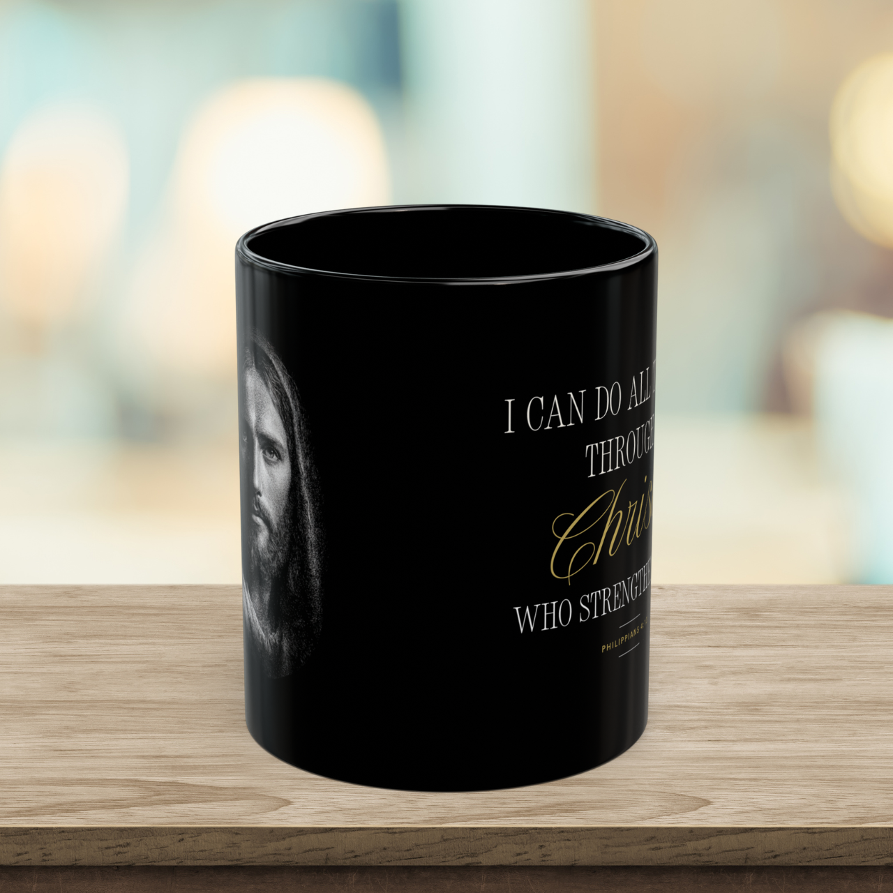 Christian Coffee Mug — "I Can Do All Things Through Christ" Inspirational Black Mug (11oz/15oz) product thumbnail image Christian Coffee Mug — "I Can Do All Things Through Christ" Inspirational Black Mug (11oz/15oz) product thumbnail image