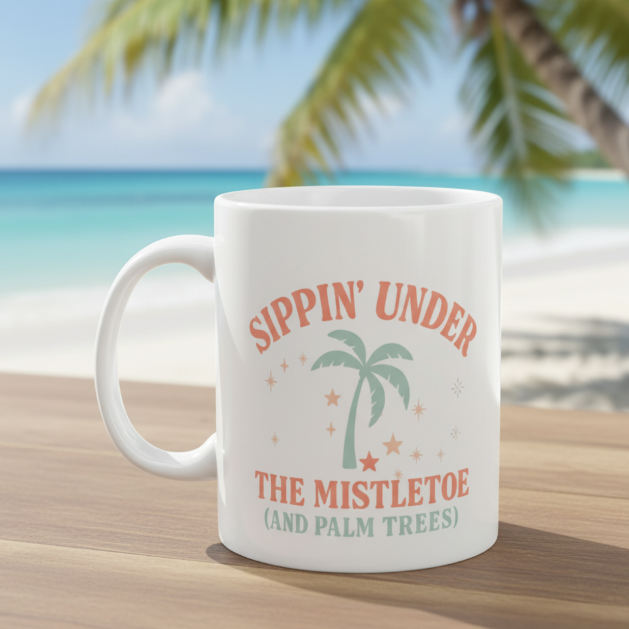 Sippin’ Under the Mistletoe (and Palm Trees) Dual-Sided Christmas Mug | Tropical Holiday Coffee Cup | Coastal Christmas Gift | Ceramic 11oz & 15oz Mug | Dishwasher & Microwave Safe | Beachy Winter Vibes Drinkware product thumbnail image Sippin’ Under the Mistletoe (and Palm Trees) Dual-Sided Christmas Mug | Tropical Holiday Coffee Cup | Coastal Christmas Gift | Ceramic 11oz & 15oz Mug | Dishwasher & Microwave Safe | Beachy Winter Vibes Drinkware product thumbnail image