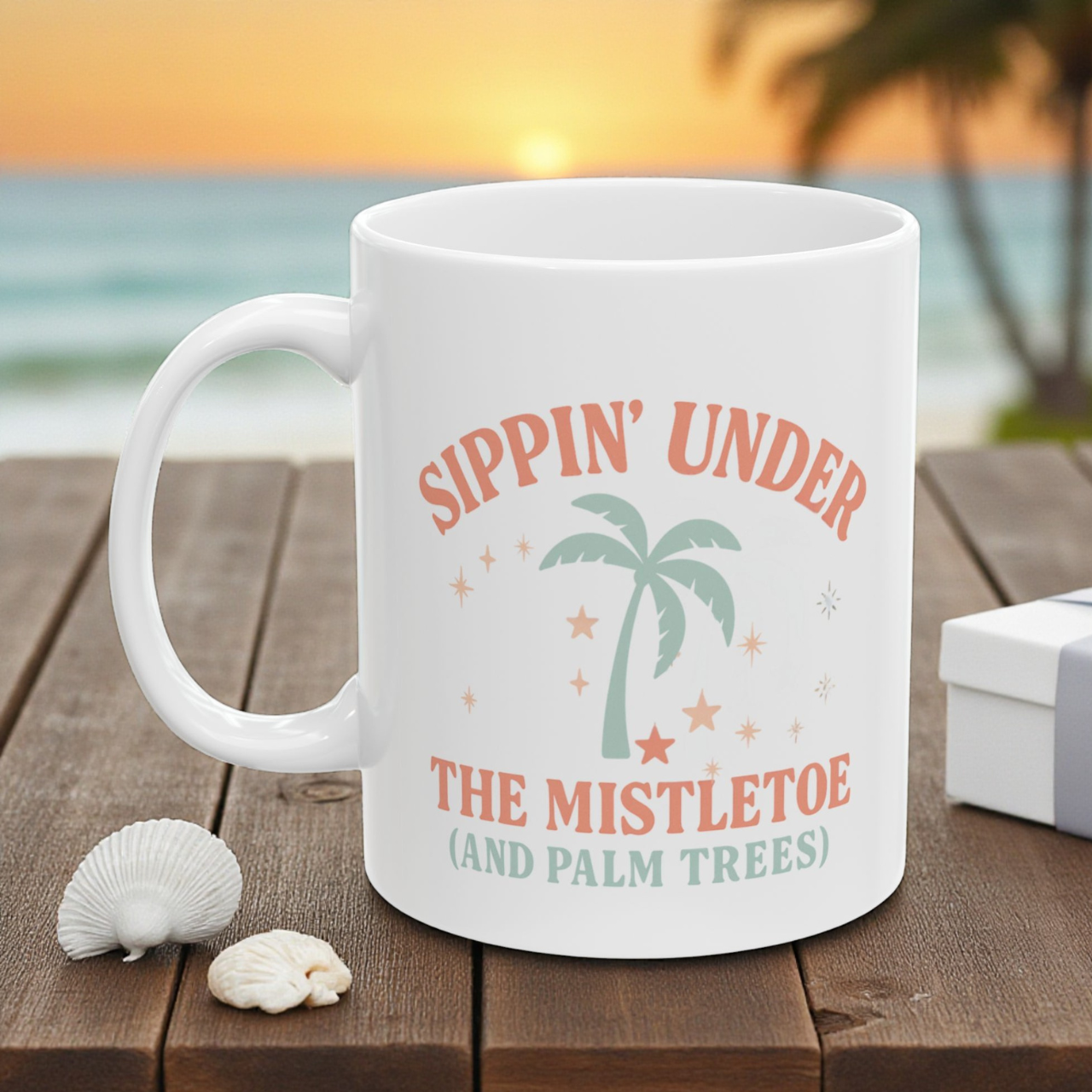 Sippin’ Under the Mistletoe (and Palm Trees) Dual-Sided Christmas Mug | Tropical Holiday Coffee Cup | Coastal Christmas Gift | Ceramic 11oz &amp; 15oz Mug | Dishwasher &amp; Microwave Safe | Beachy Winter Vibes Drinkware product thumbnail image